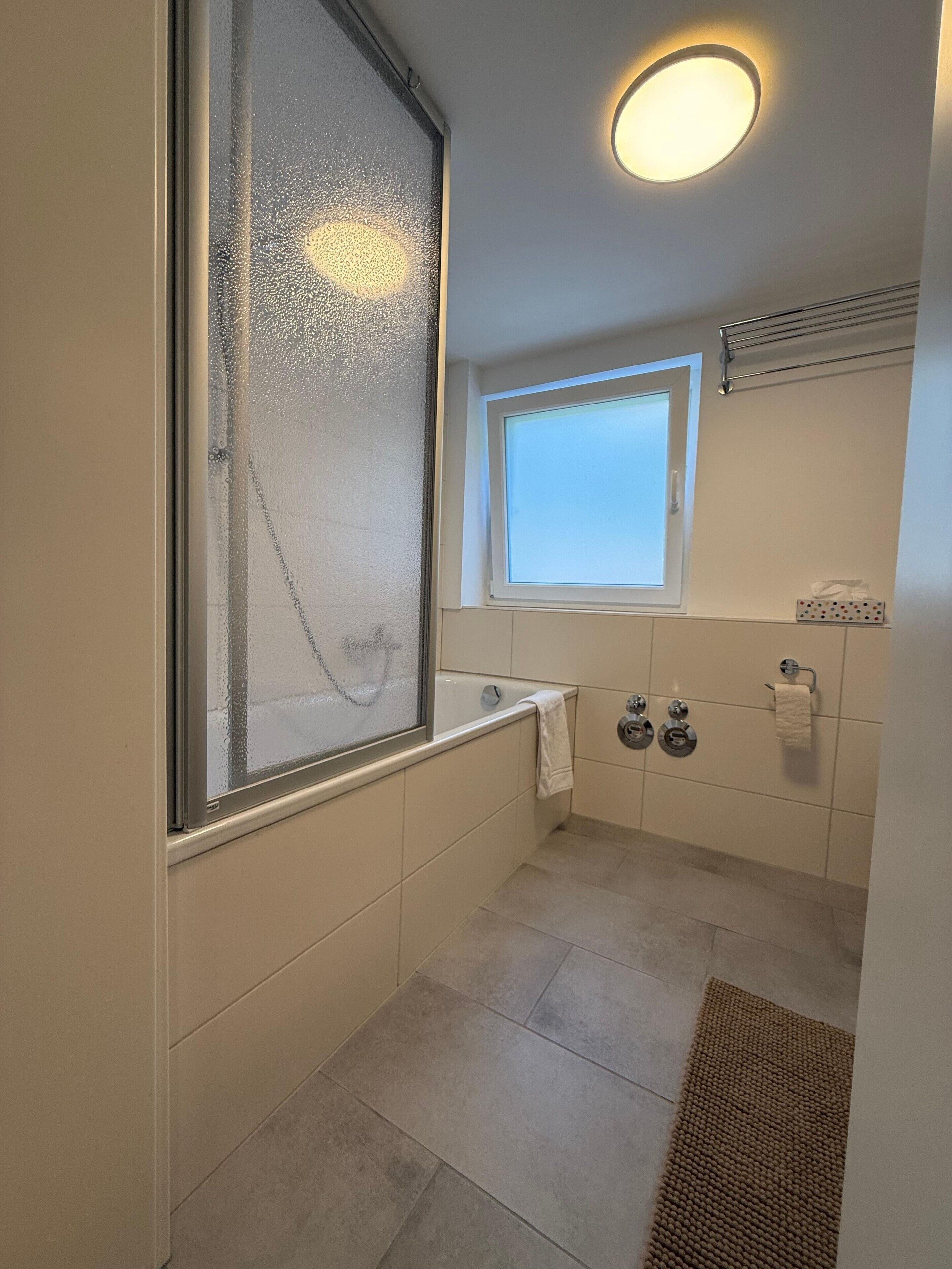 Ein Badezimmer mit Duschkabine aus Glas, einer Badewanne, einem Fenster und einem Handtuchhalter.