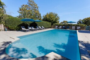 A rectangular swimming pool with a tiled edge, surrounded by lounge chairs and umbrellas, and a wooden fence in the background.