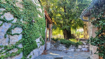 Un chemin de pierres mène à une structure en bois dotée d’une porte en verre, le tout étant entouré d’une végétation luxuriante et d’un mur de pierres.