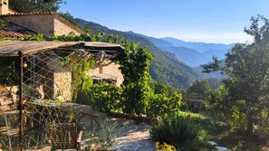 A rustic stone building with a wooden pergola, surrounded by lush greenery and a mountainous backdrop. - Country house 'La Bergerie du Grand Tilleul' with Mountain View, Private Garden, Wi-Fi (Val-de-Chalvagne)