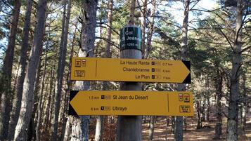 A directional signpost in a forested area with multiple hiking trail directions.