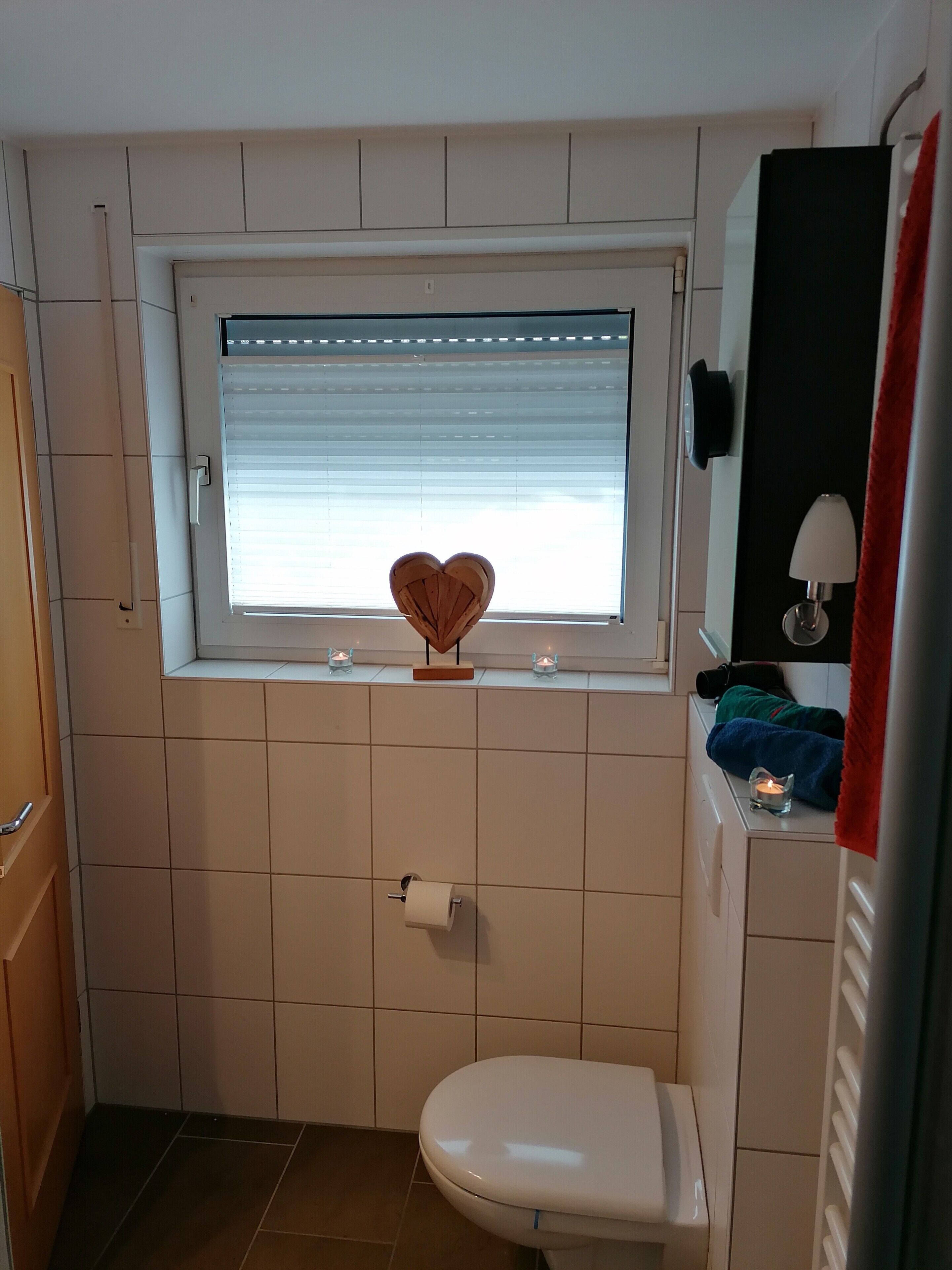 Pieni kylpyhuone, jossa on wc, ikkuna, jossa on sälekaihtimet, pyyhekoukku ja seinään kiinnitetty valaisin.