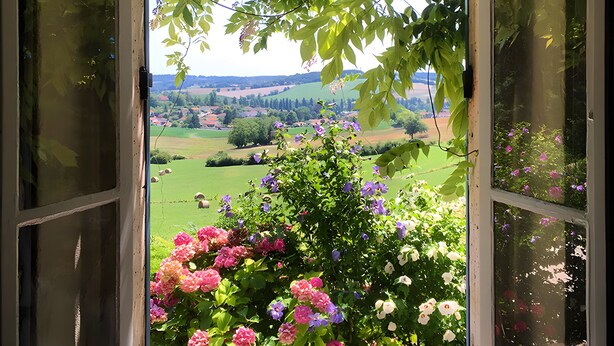 A view through a window with a view of a garden and a landscape.