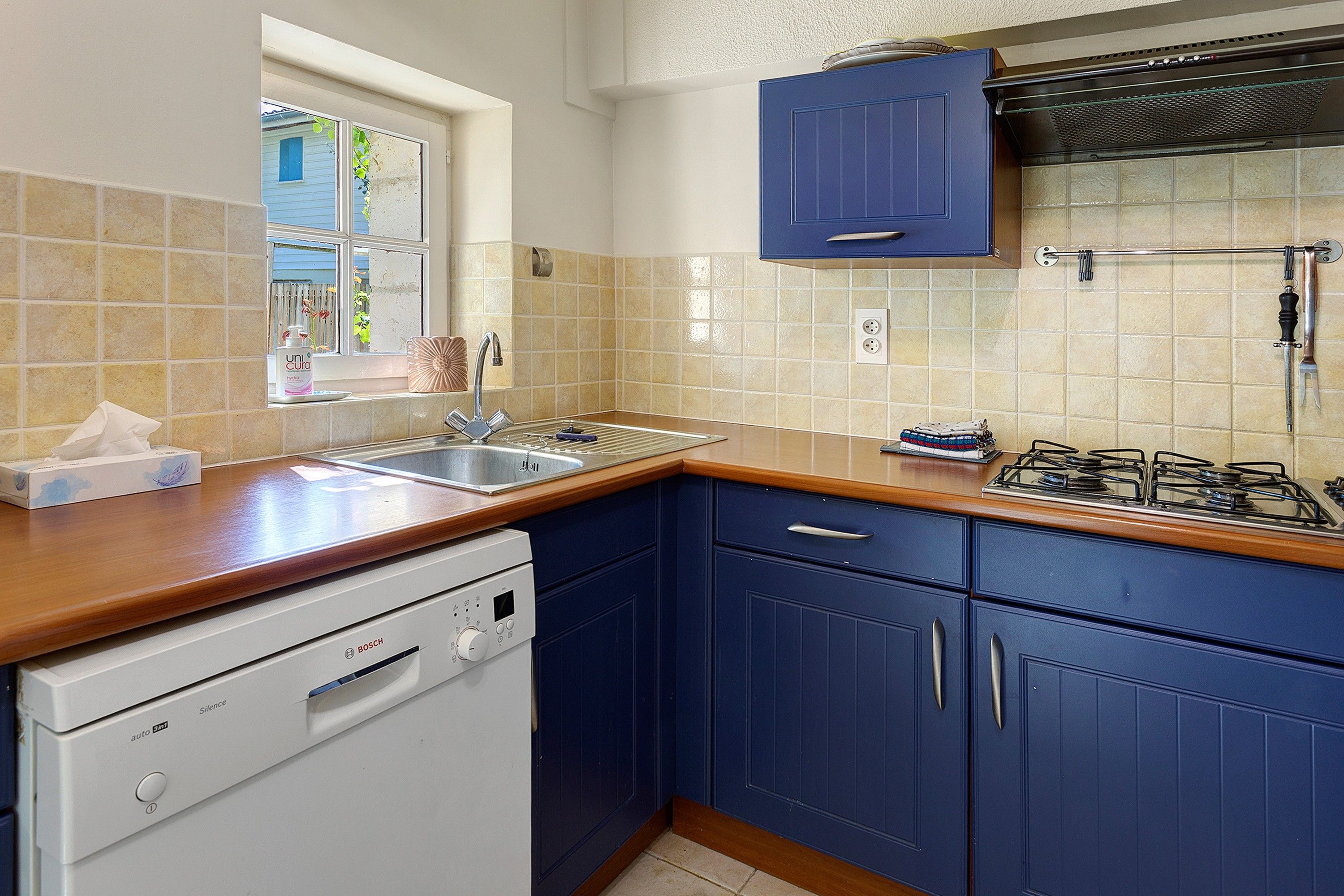 A kitchen with a Bosch dishwasher, a sink, a stove, and blue cabinets.
