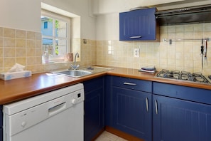 Una cocina con lavavajillas Bosch, un fregadero, una estufa y armarios azules.