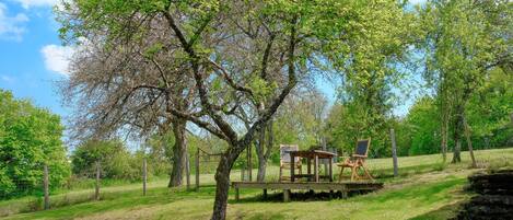 A tree with a wooden platform and two chairs, surrounded by a grassy area and trees.