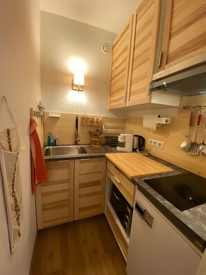 A compact kitchen with wooden cabinets, a built-in oven, a sink, and a stove. - Studio “La Cachette De Marmotte & Myrtille” with Mountain View and Balcony (Fontcouverte-la-Toussuire)