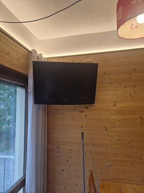 Ett rum med en väggmonterad, platt-TV på en väggpanel av trä, ett fönster med utsikt över träd och en taklampa.