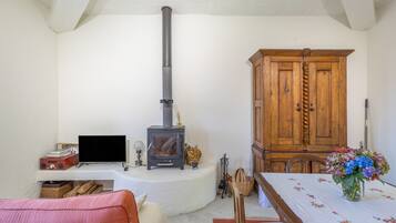A living room with a fireplace, a television, a cabinet, and a dining table with a vase of flowers.