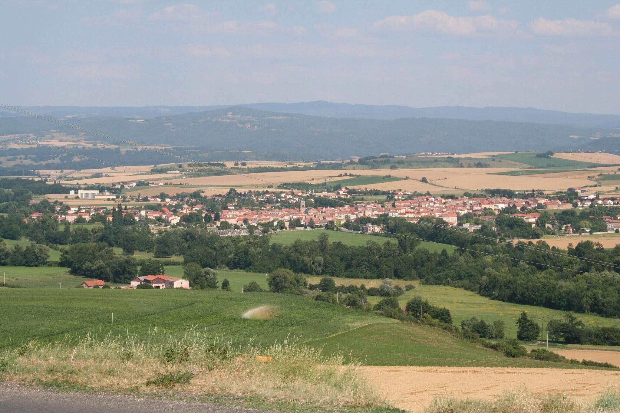 Un paysage rural avec une petite ville, des champs verdoyants et des montagnes à l’horizon.