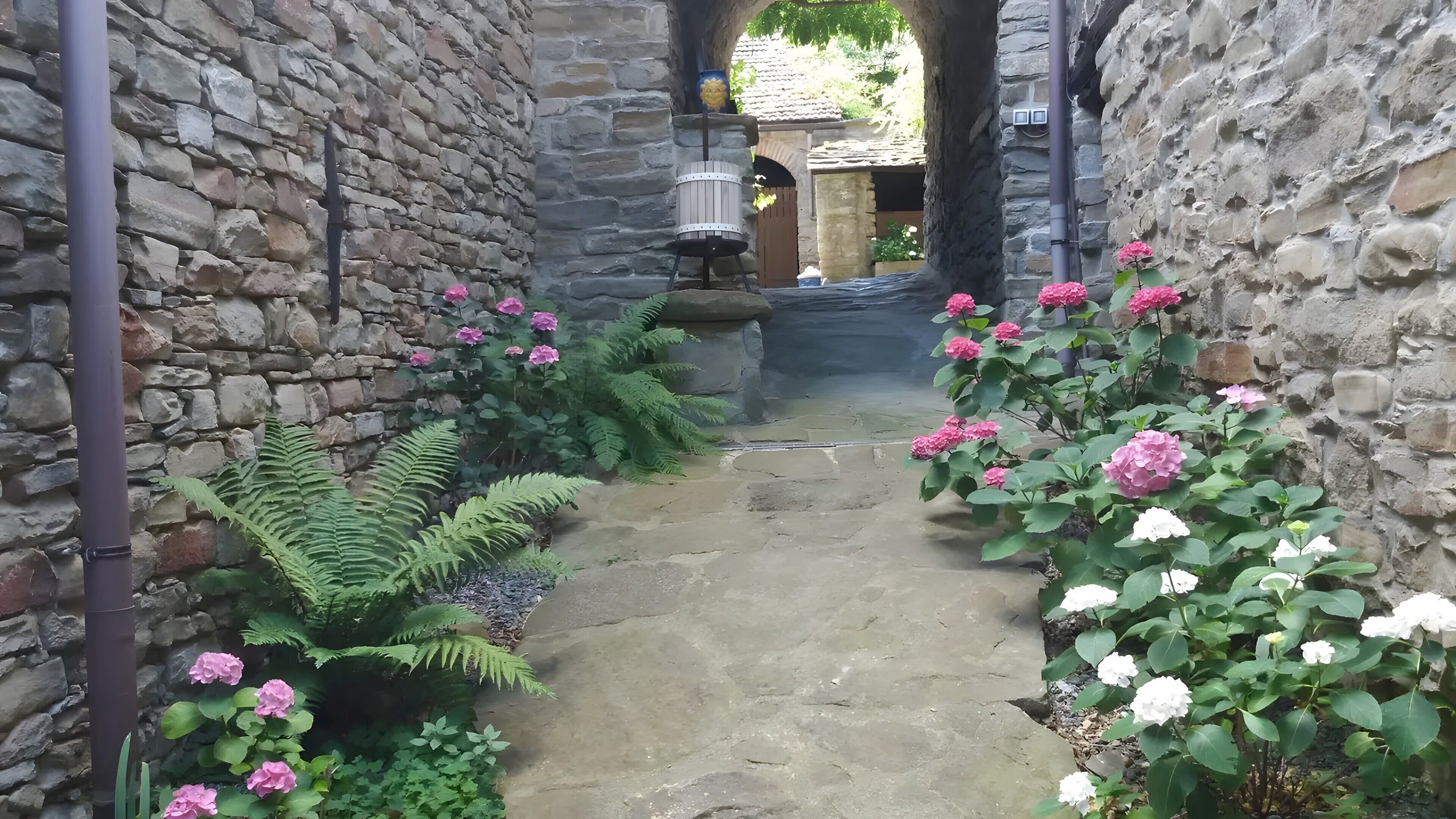 Un chemin de pierres bordé d’une végétation luxuriante et de plantes en fleurs, qui mène à un bâtiment rustique doté d’une porte en bois.