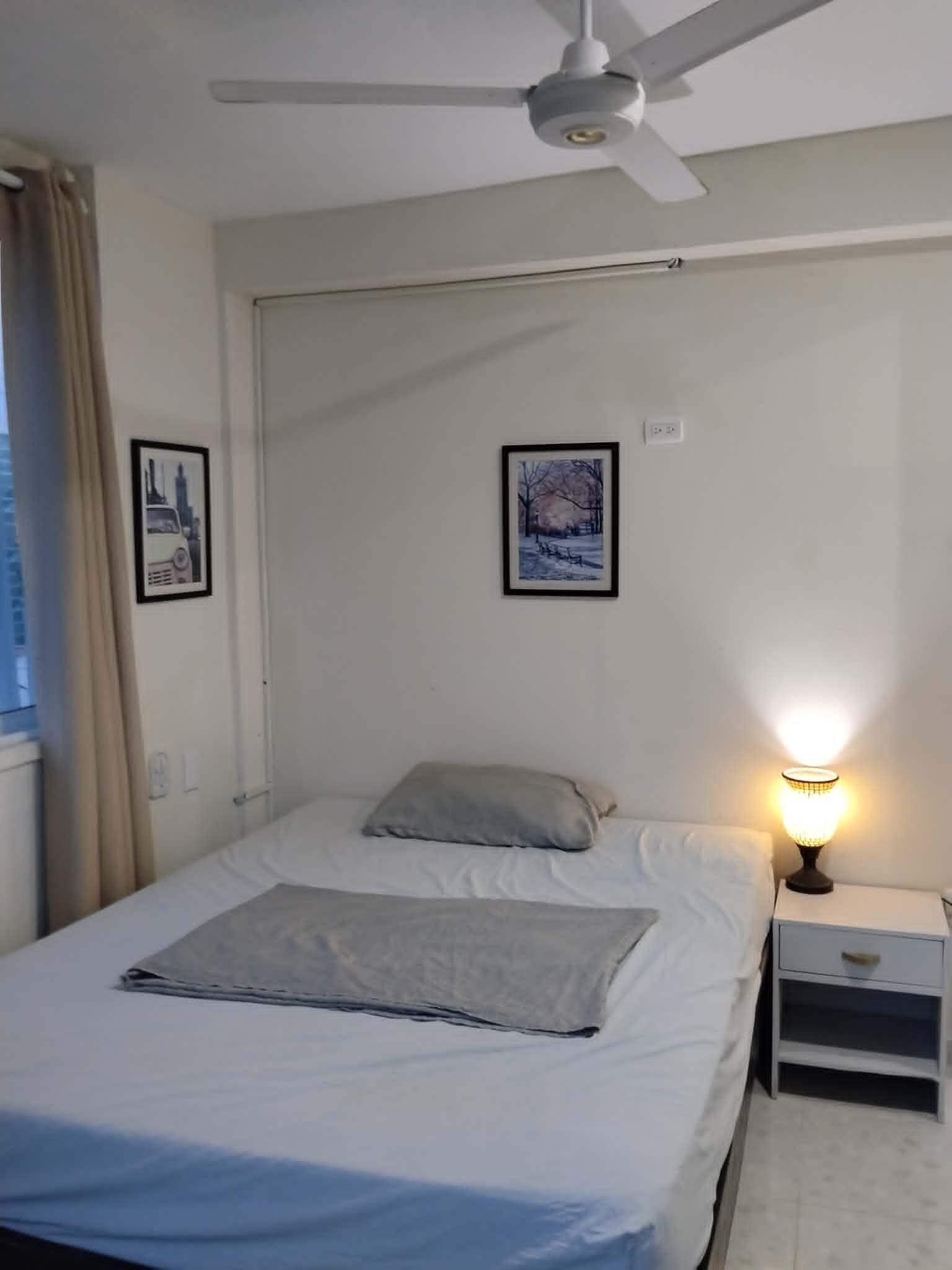 A bedroom with a bed, a ceiling fan, a nightstand with a lamp, and two framed pictures on the wall.