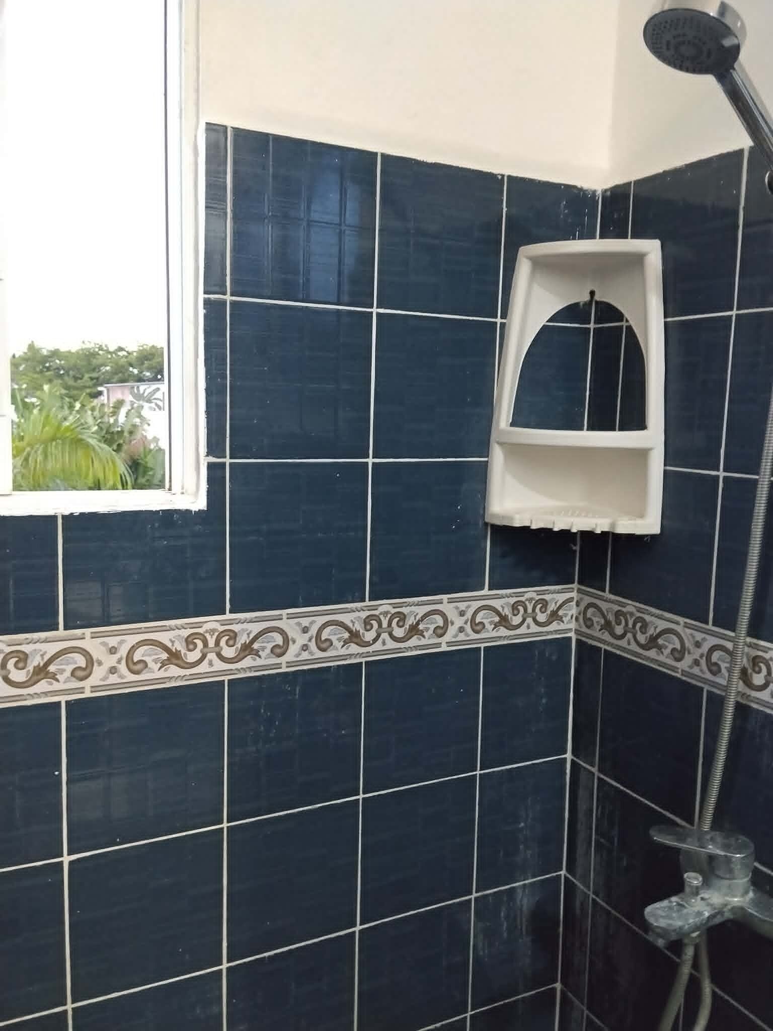 Casa de banho com azulejos azul escuro, chuveiro e janela com vista para vegetação.