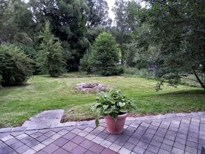 A paved patio with a potted plant in the foreground. - Holiday Home Madlholz with Private Terrace and Garden (Geiersthal)