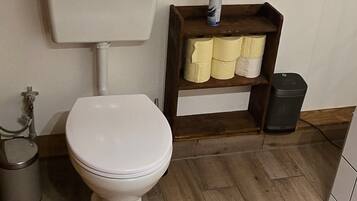 Une salle de bain standard équipée d’un WC, d’une étagère contenant des produits de nettoyage et d’une poubelle.