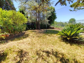 Um jardim com balanço, diversas árvores e área cercada.