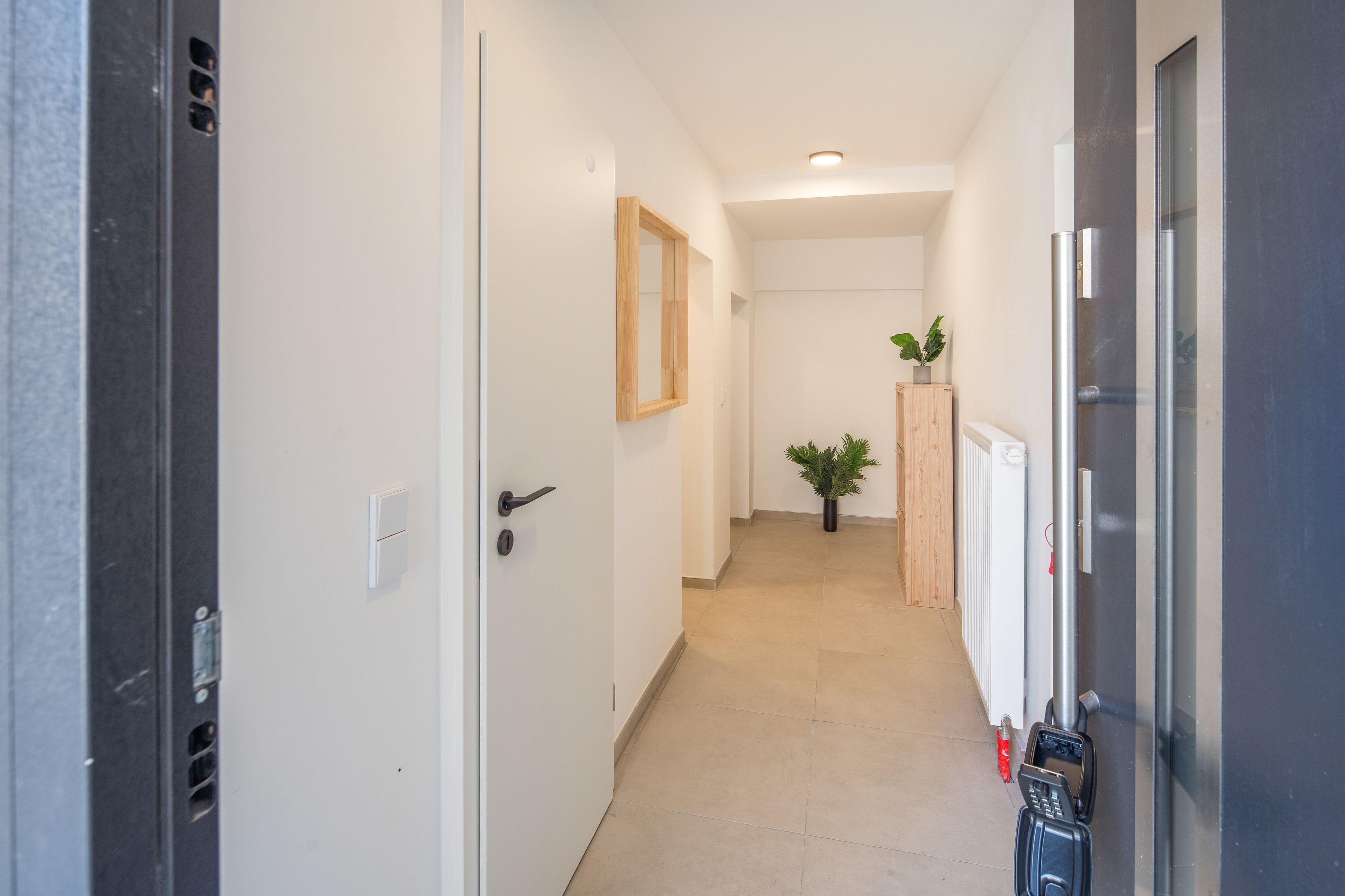 Un pasillo con una puerta a la izquierda, un radiador a la derecha y una planta en el centro.