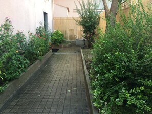 A narrow brick pathway flanked by dense foliage and a bamboo fence.