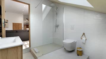 A modern bathroom with a glass shower enclosure, a toilet, and a sink.