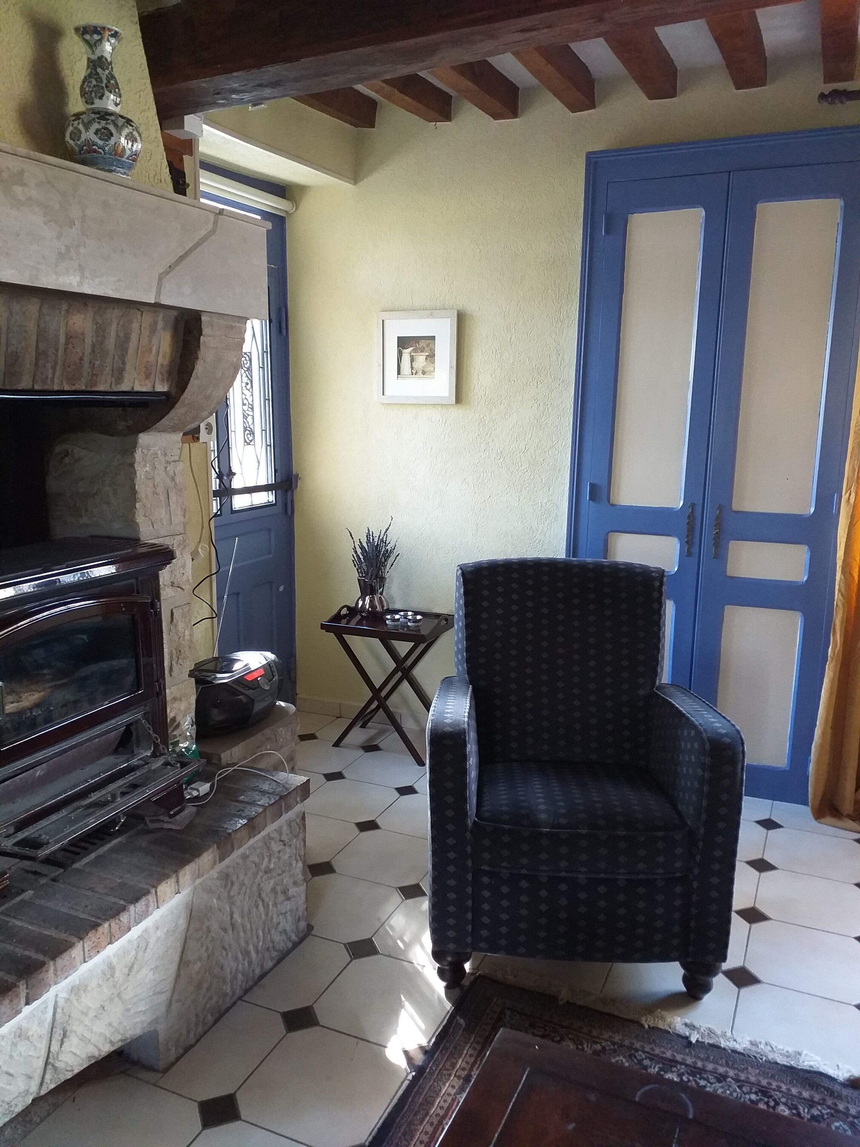Een kamer met een open haard, een blauwe deur en een gestreept fauteuil.