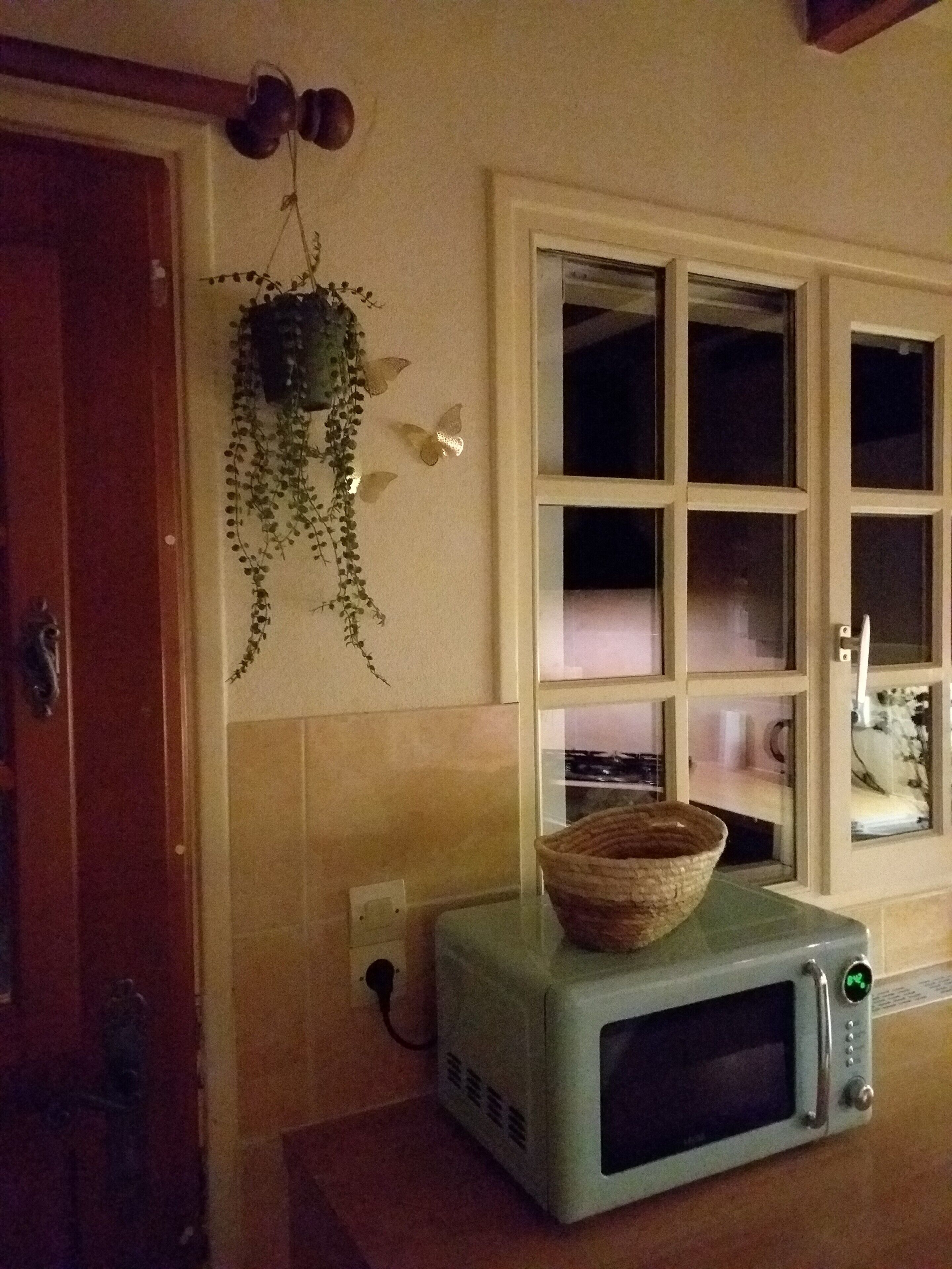 Een keuken met een magnetron op een aanrecht, een raam met jaloezieën en een hangende plant.