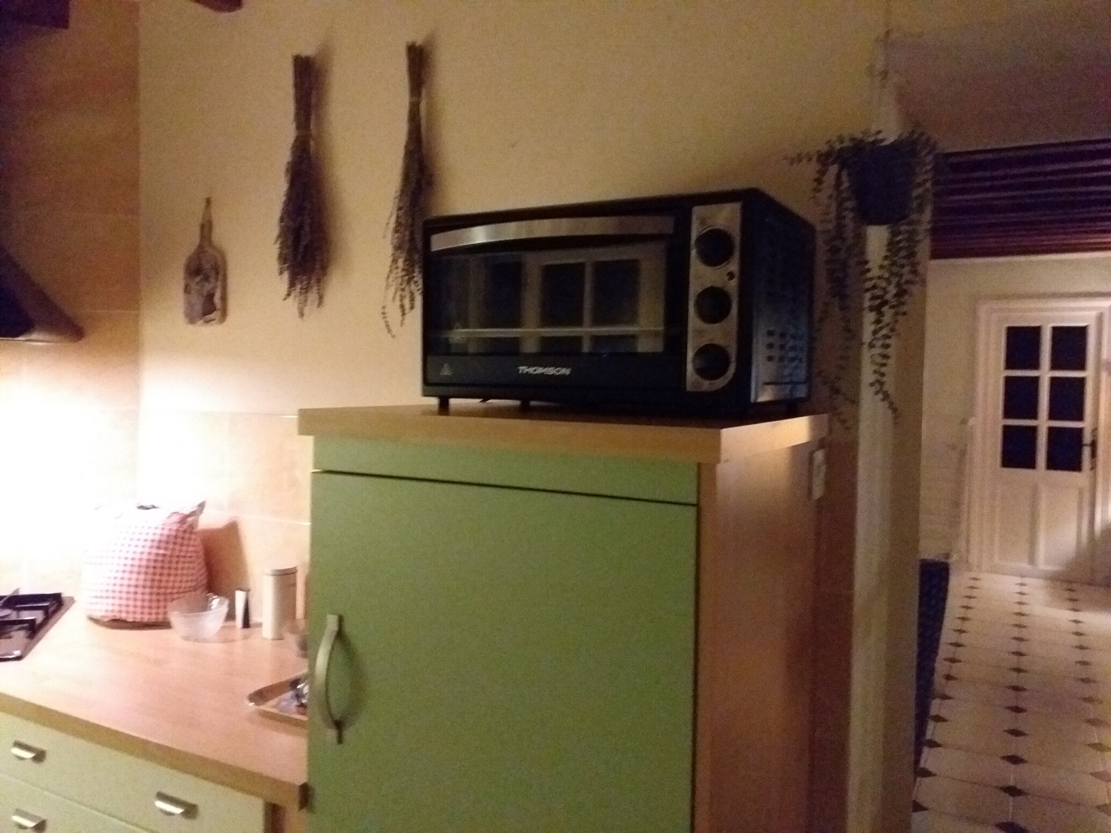 Uma cozinha com micro-ondas sobre um armário verde, um pano xadrez e uma janela com vista estampada.