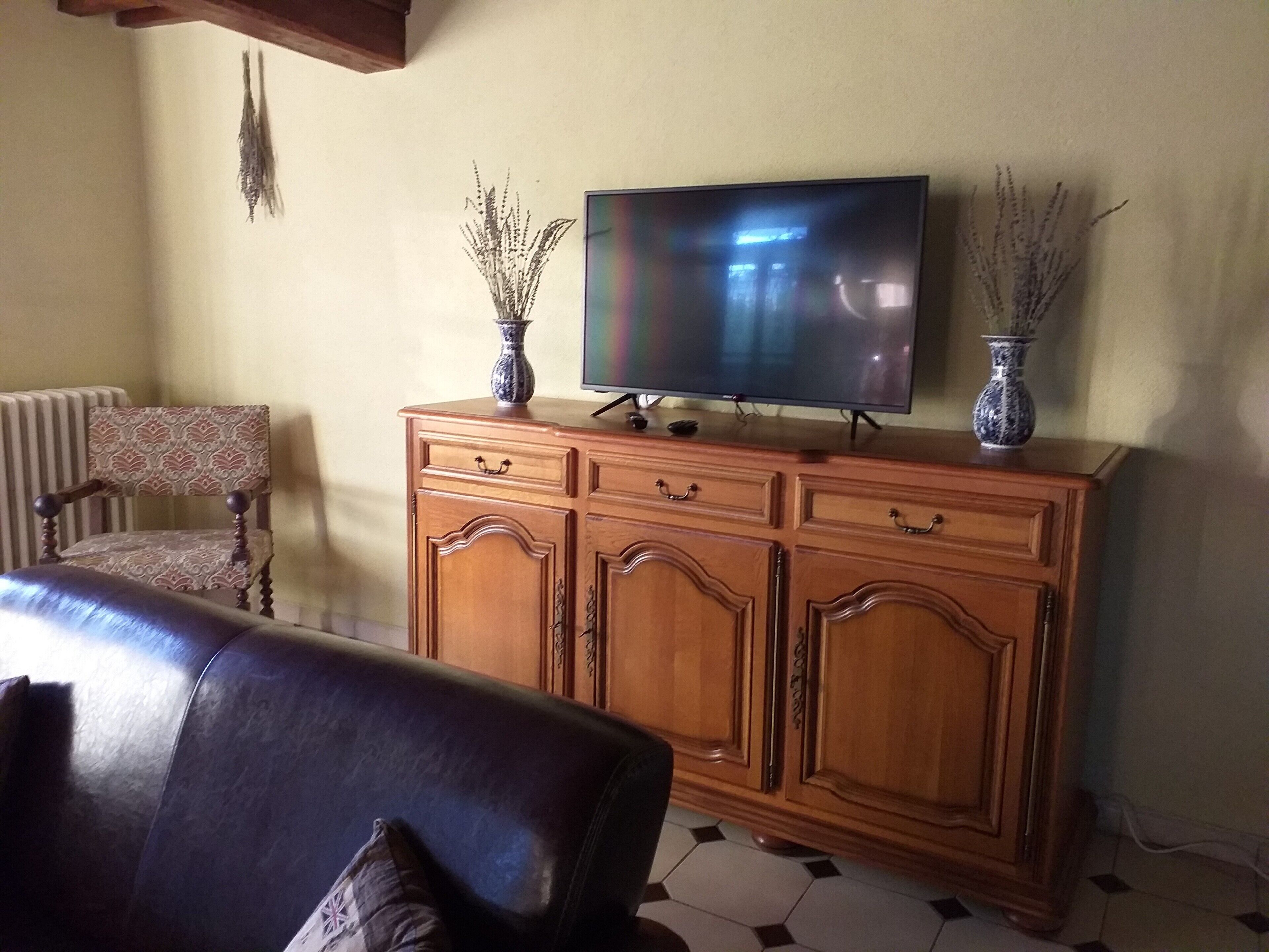 Un salon avec un téléviseur posé sur un meuble en bois, un fauteuil à motifs et un canapé noir.