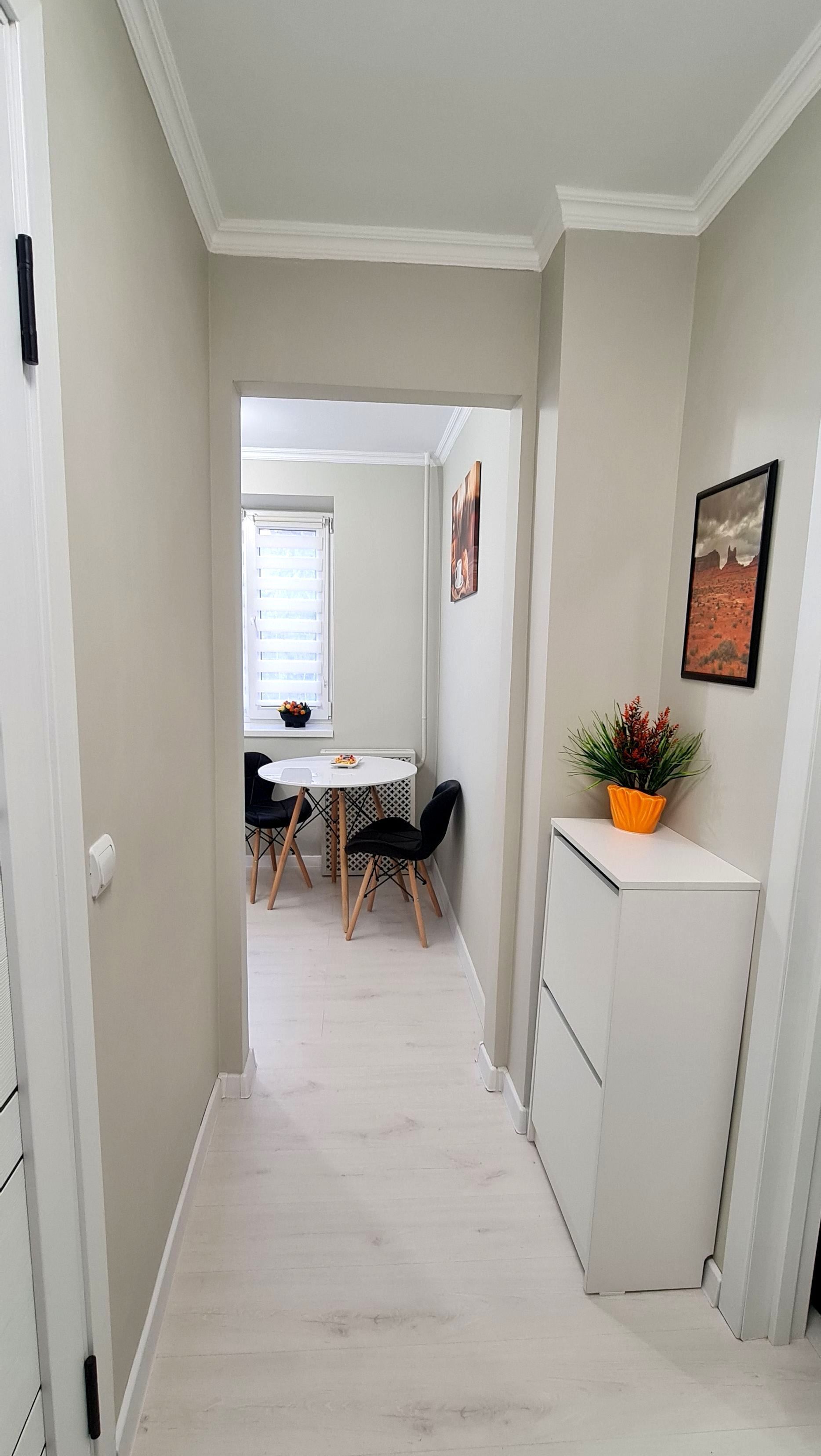 Un pasillo estrecho que conduce a un comedor con una mesa, sillas, una planta en maceta y un refrigerador.