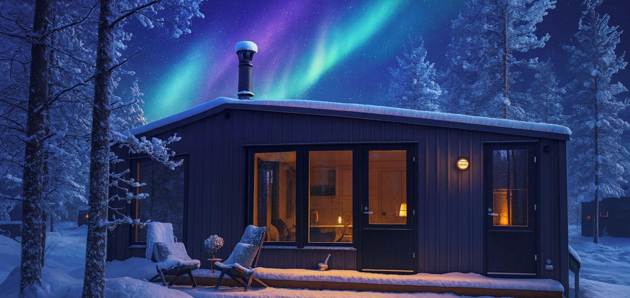 En hytte med en glasdør, en skorsten og en snedækket terrasse med to stole.