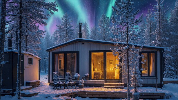 A cabin with a large window, a chimney, and a snow-covered landscape.