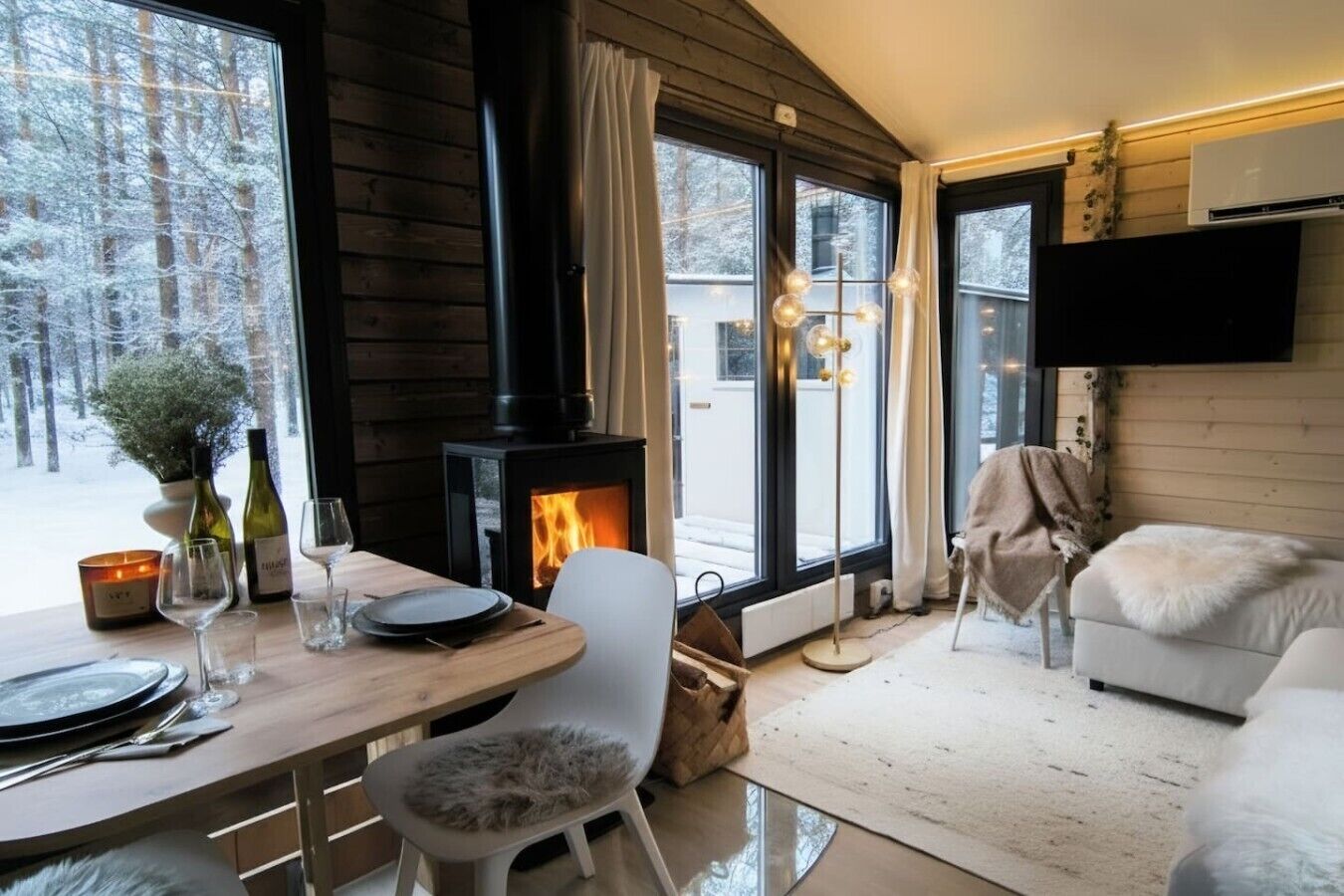 Un interior acogedor con chimenea, una mesa de comedor y una zona de estar.