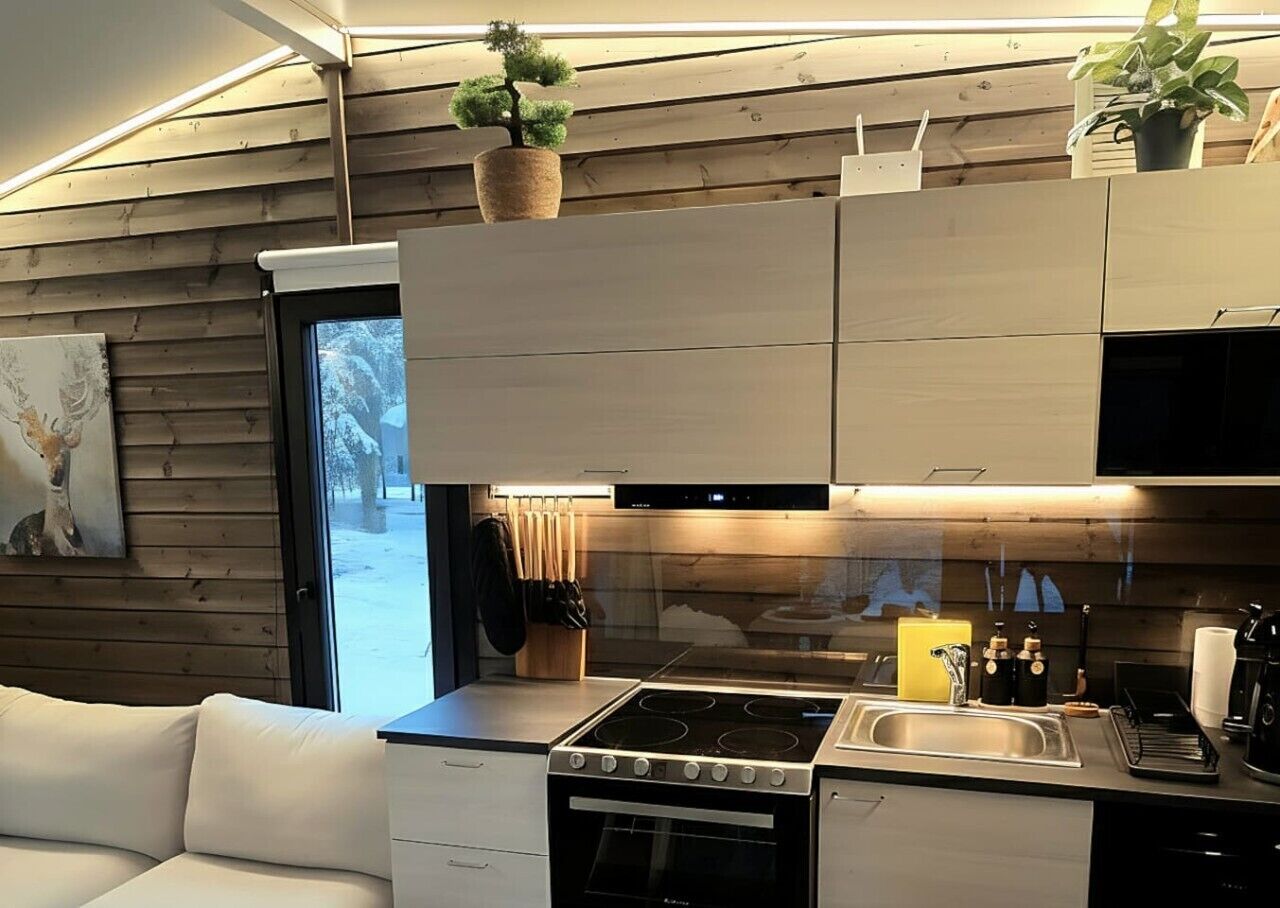 Deluxe-chalet | Yksityinen keittiö | Kahvin-/teenkeitin, minijääkaappi, liesi