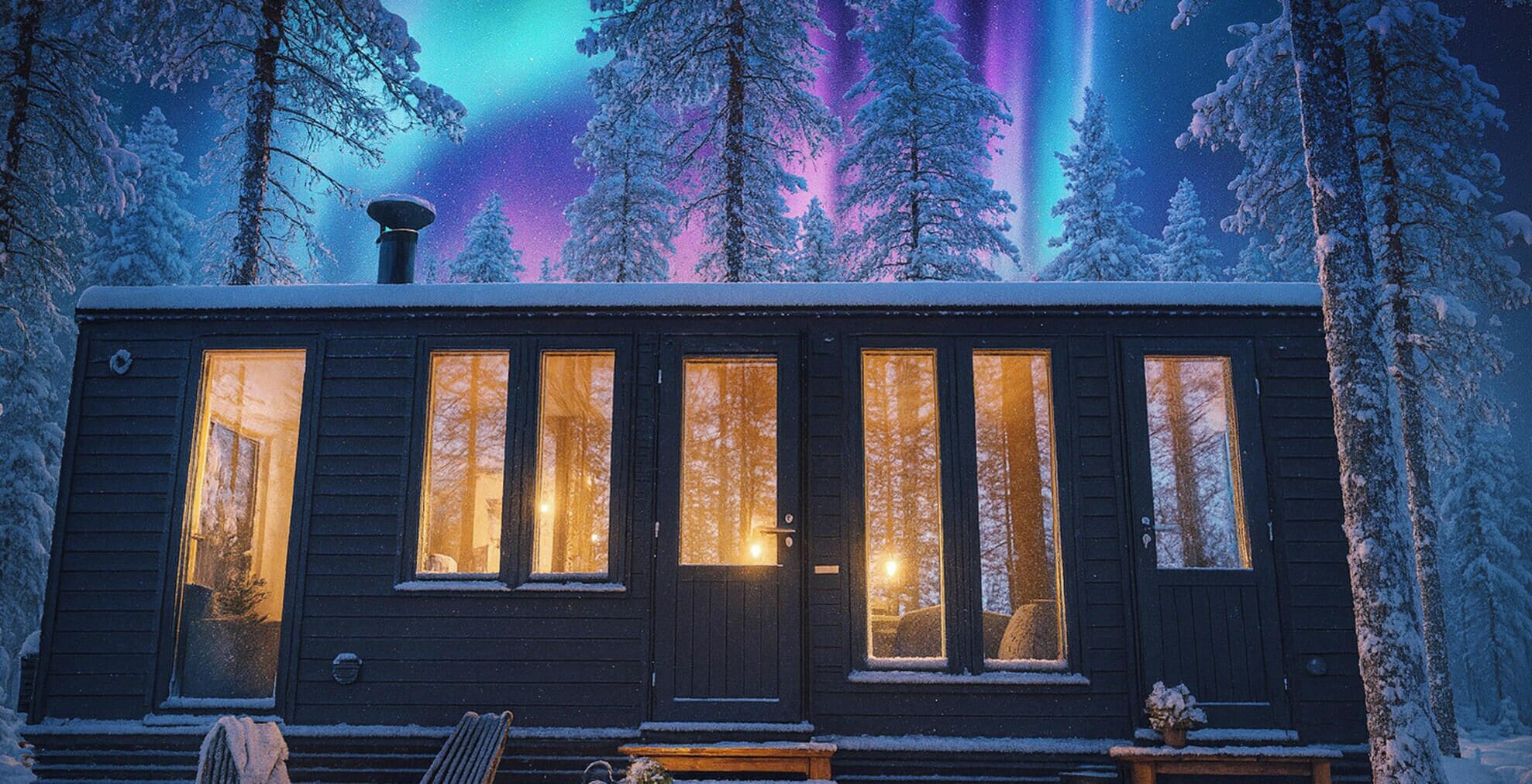 A cabin with multiple windows, a door, and a chimney.