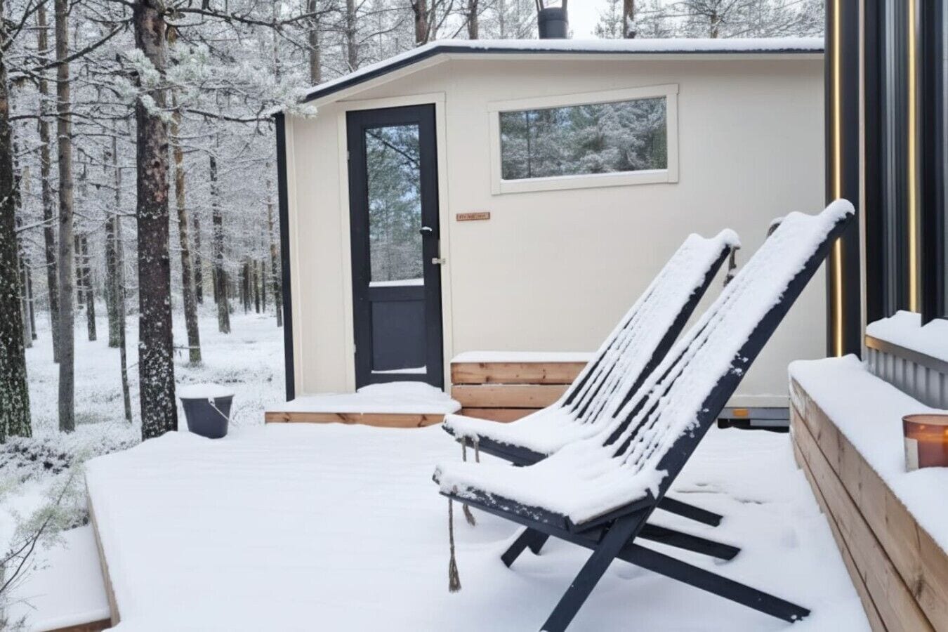 A snow-covered outdoor seating area with a single lounge chair and a small wooden bench.