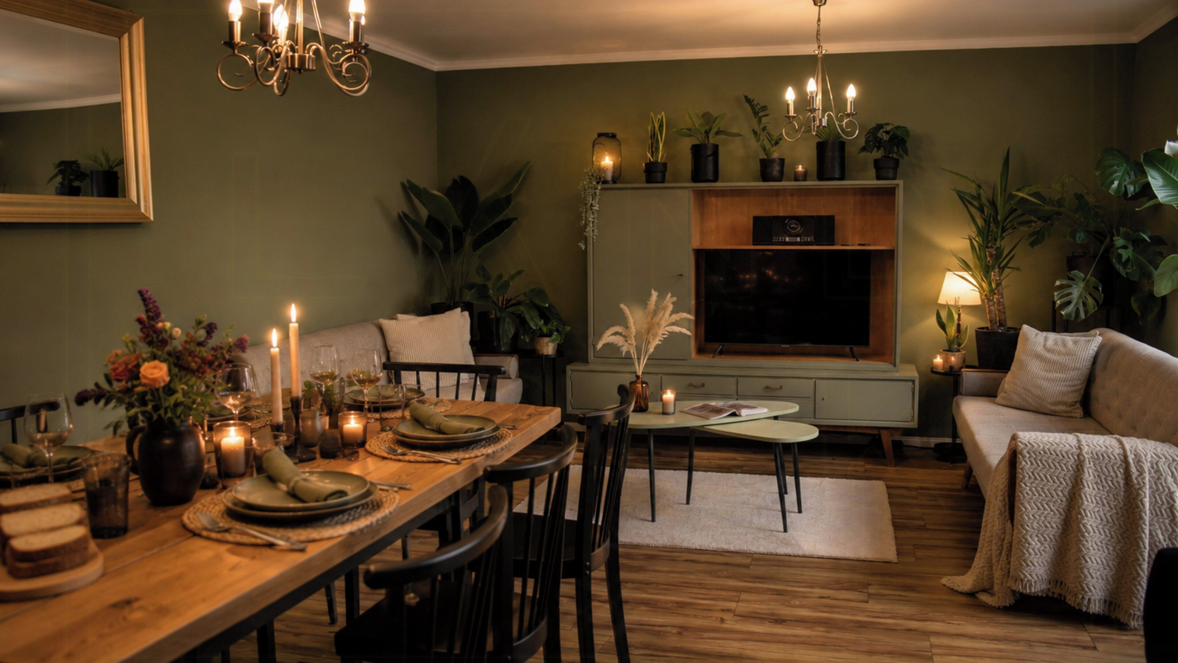 Een eethoek met een houten tafel gedekt voor een maaltijd, omringd door stoelen, en een bank op de achtergrond.