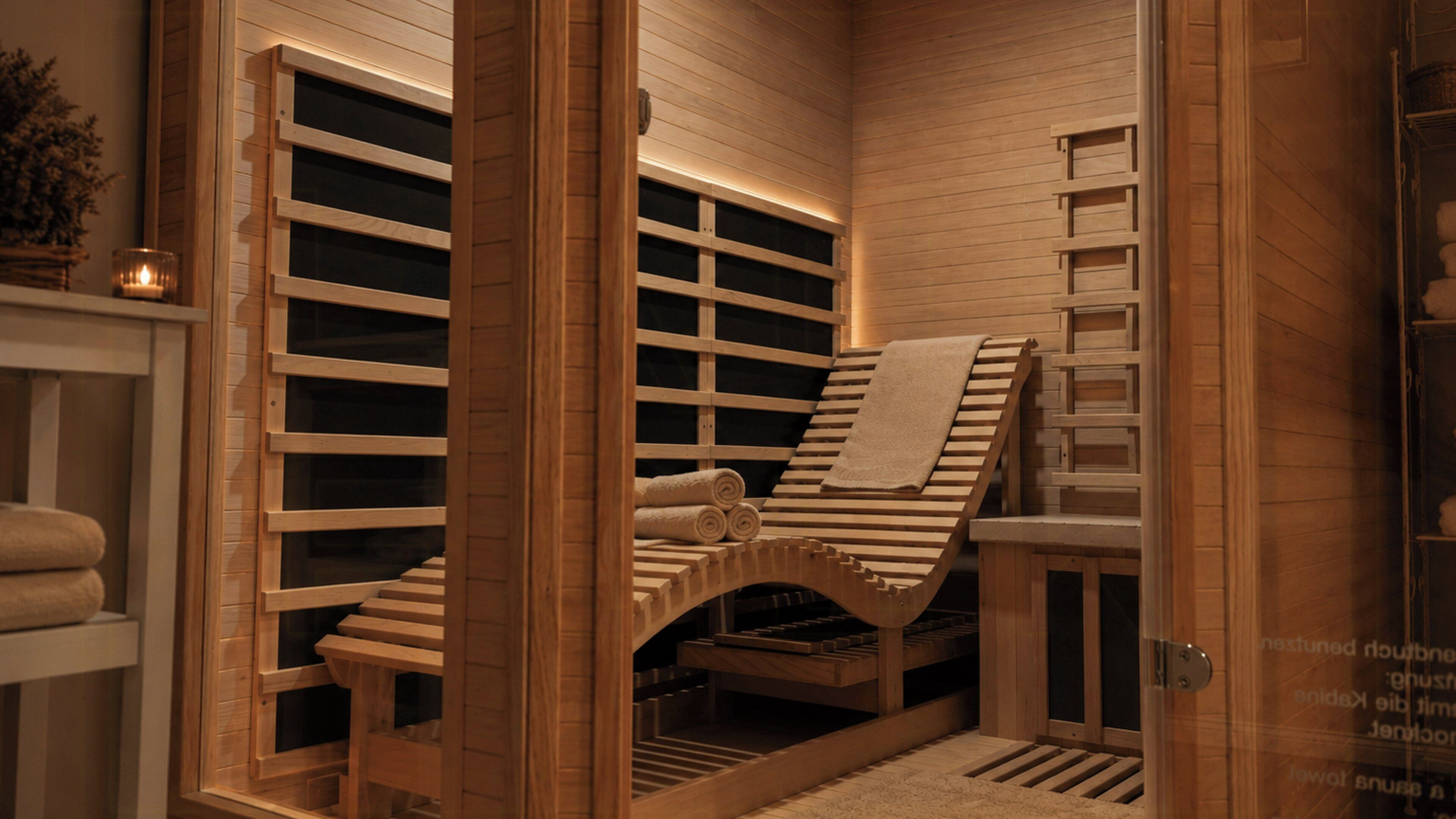 Een houten spa-ruimte met een ingebouwd bed, planken en een klein raam.