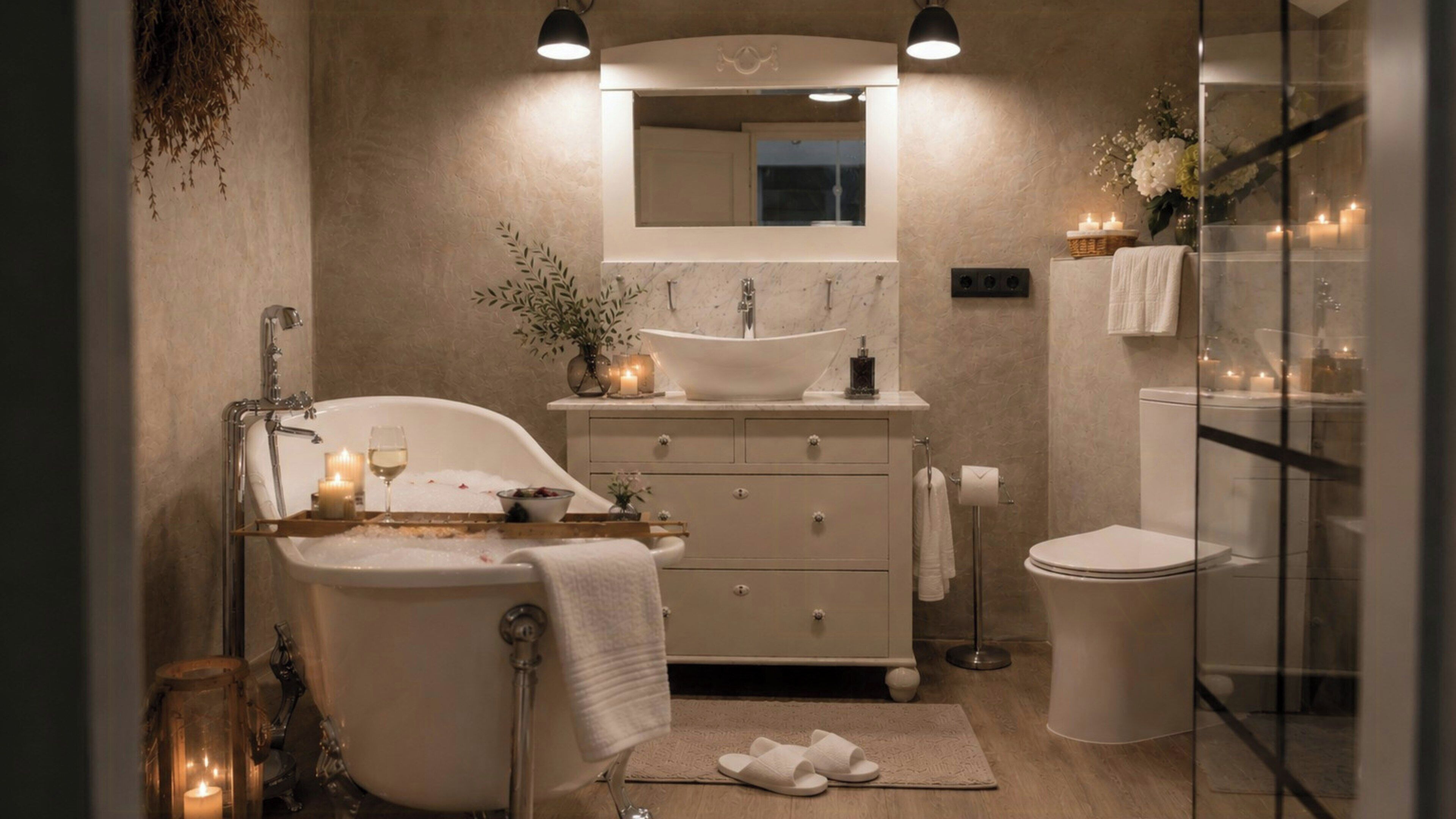 Ein Badezimmer mit freistehender Badewanne, einem Waschtisch inklusive Spiegel, einer Toilette und einer Duschkabine aus Glas.