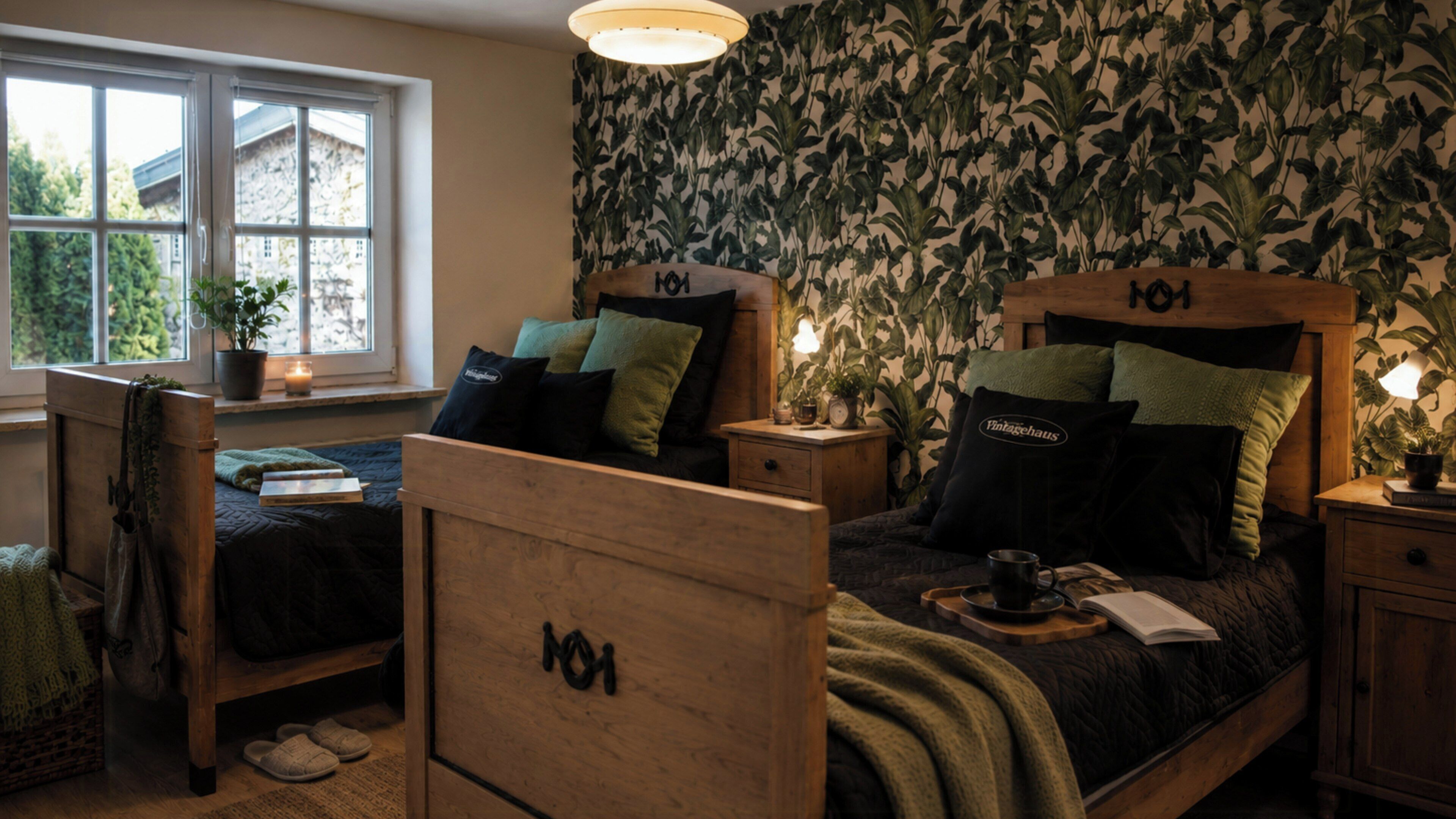 Een slaapkamer met twee houten bedden, een raam met uitzicht, een plant en een muur met een bladmotief.
