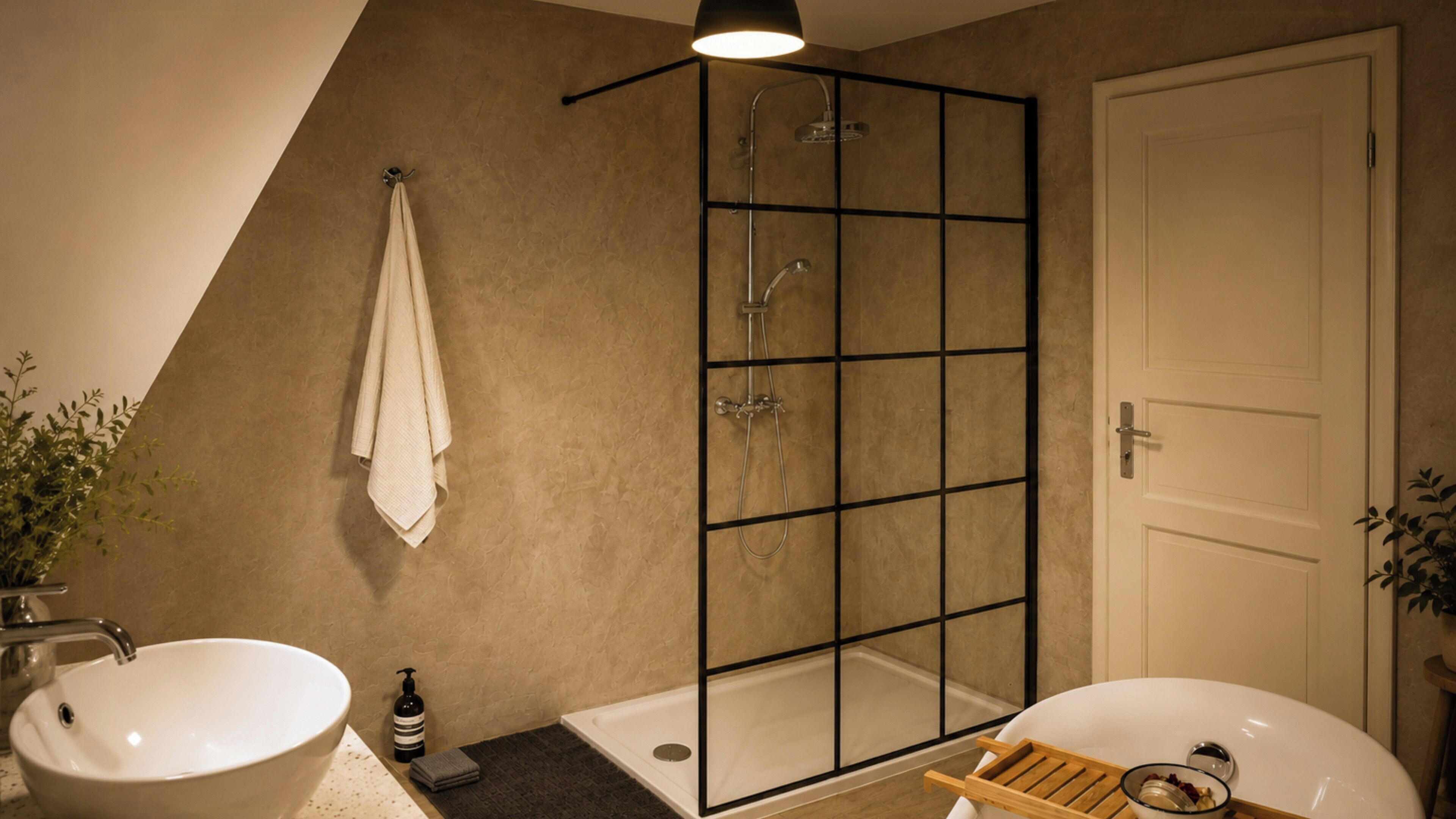 Une salle de bain moderne équipée d’une baignoire, d’une douche à parois de verre, d’un lavabo et d’un porte-serviettes.