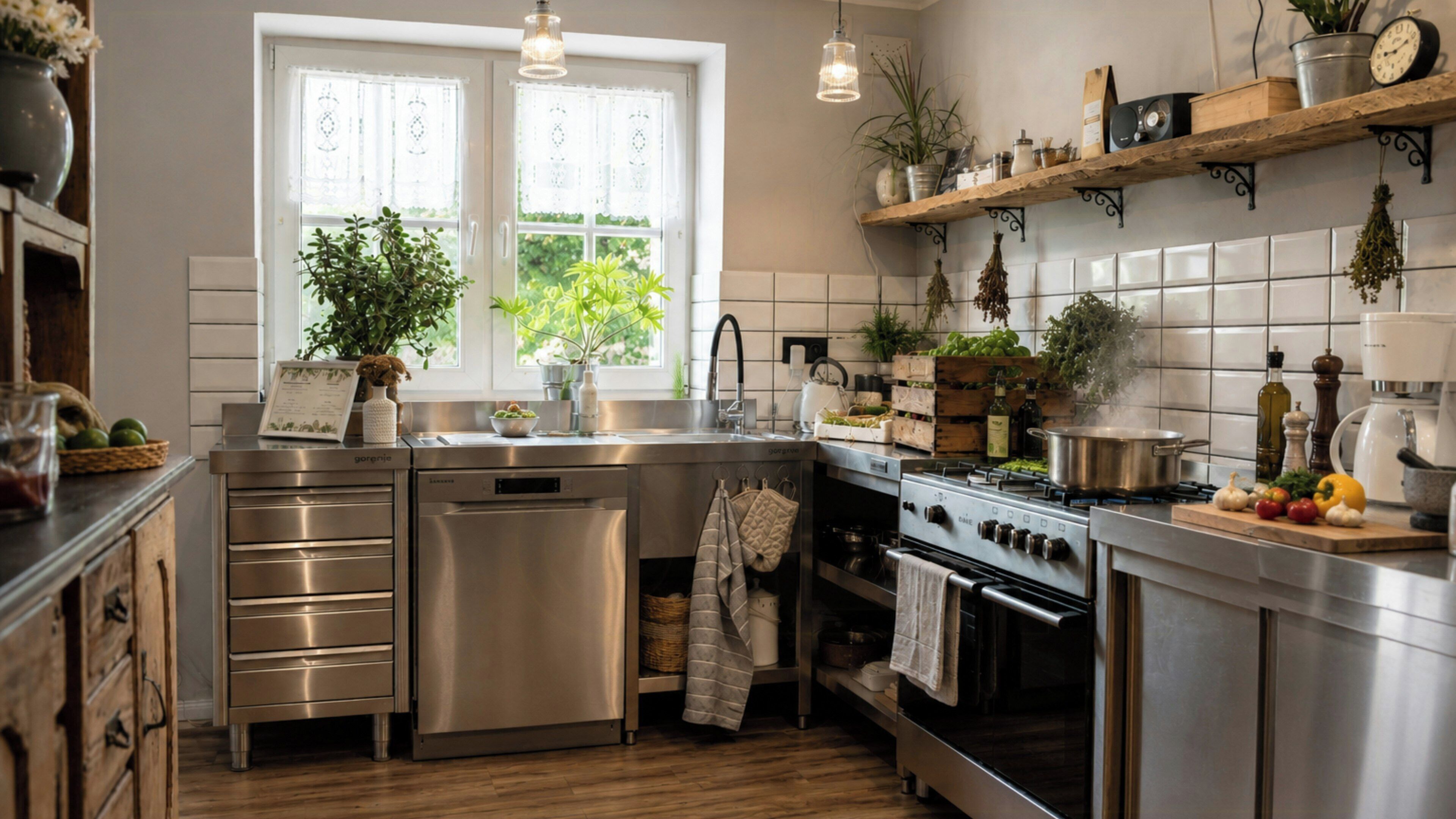 Una cucina moderna con elettrodomestici in acciaio inossidabile, una finestra con tende di pizzo e mensole in legno con piante.