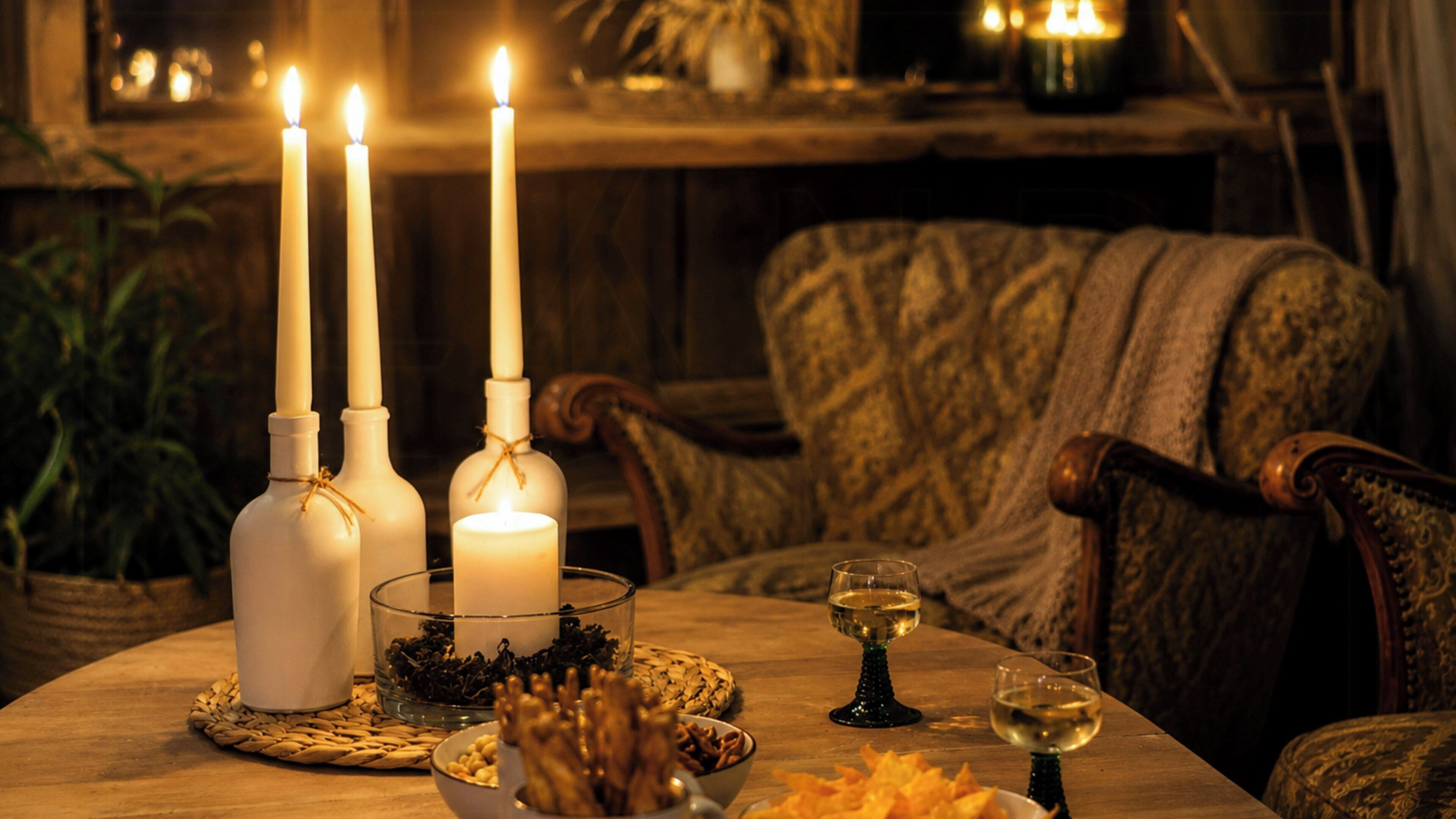 Une table avec des bougies, un bol de collations et deux verres de vin blanc.