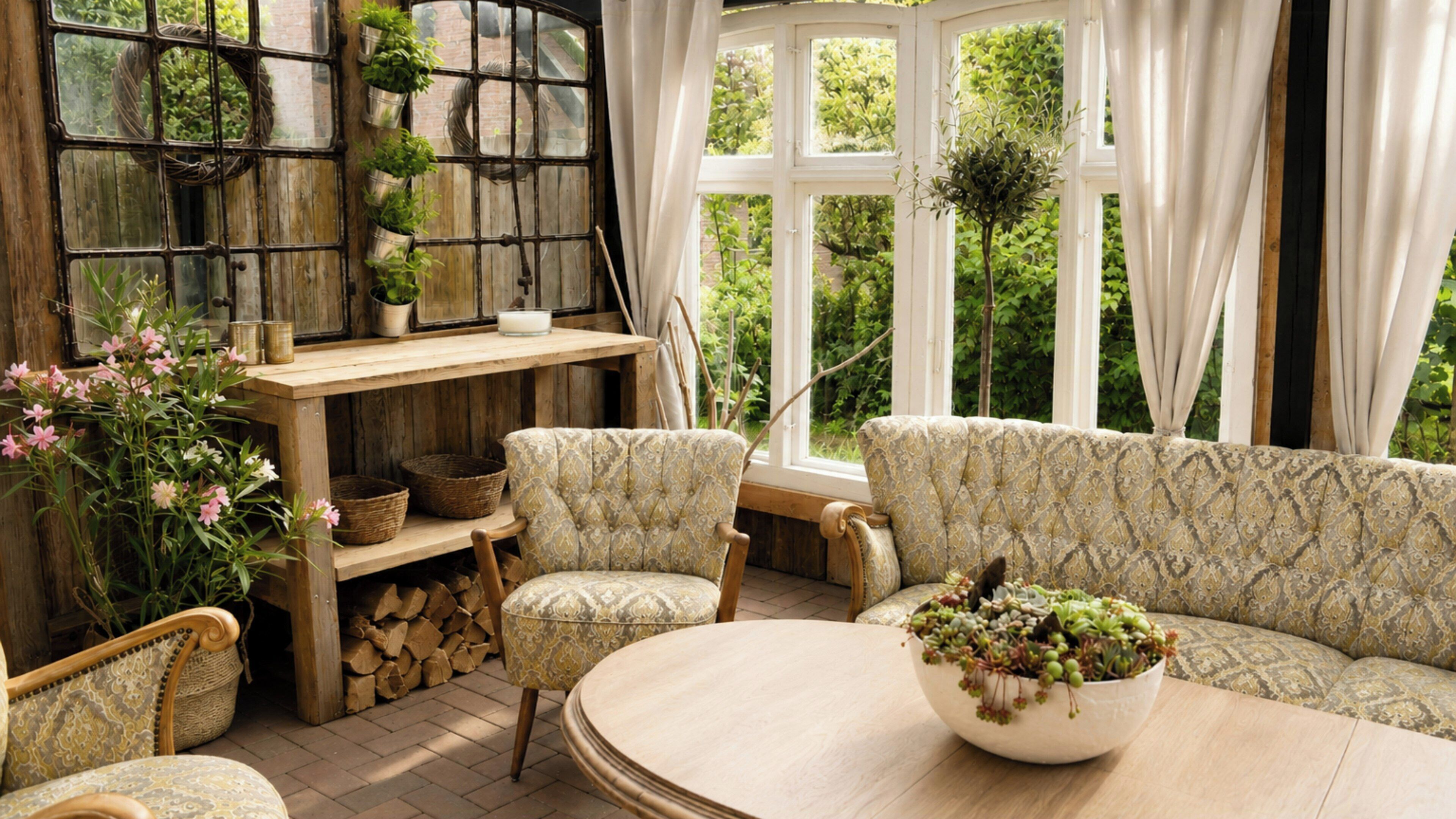 A cozy room with a bay window, a sofa, chairs, a table, and various plants.