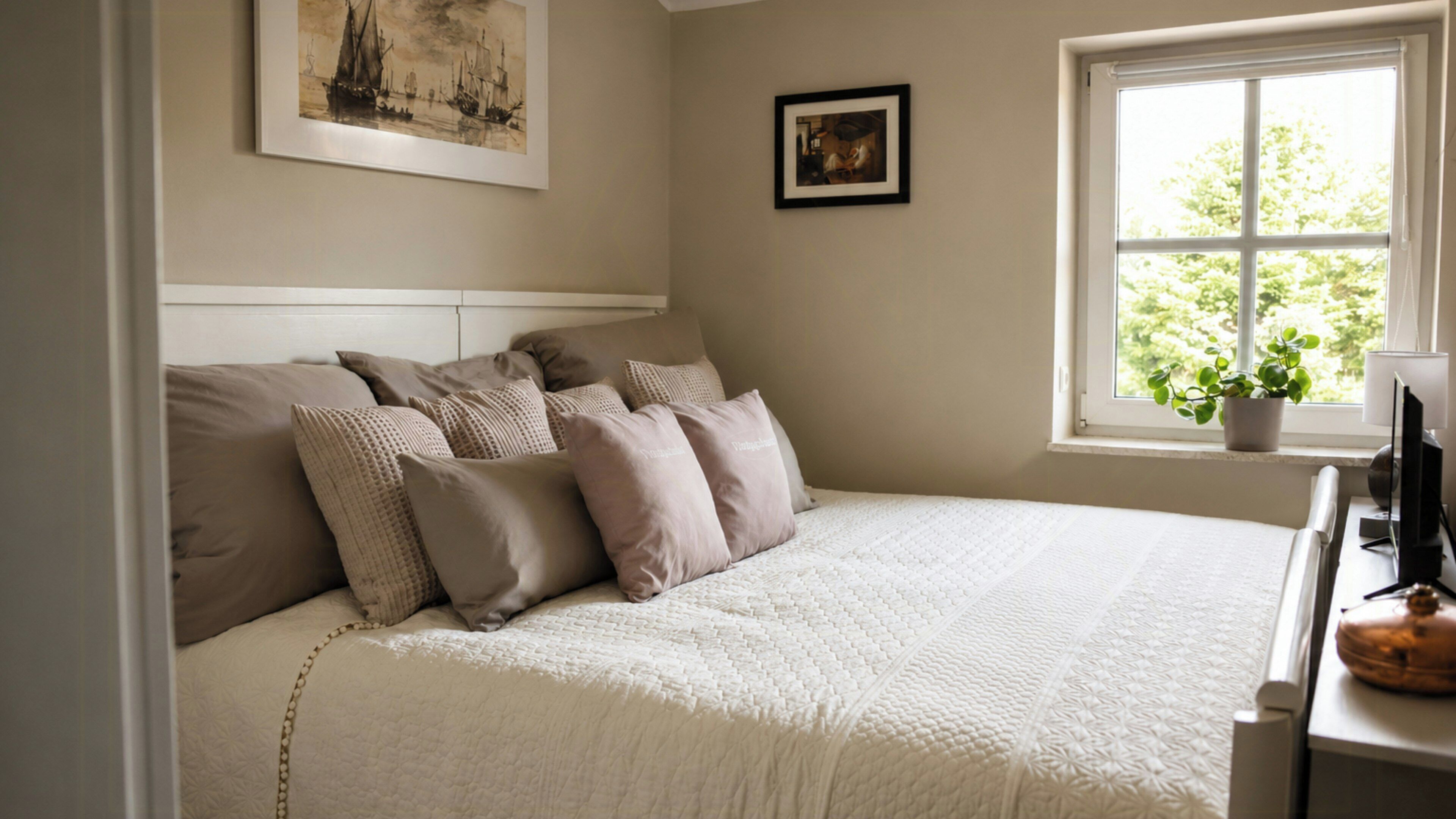 Ein Schlafzimmer mit einem Bett, Kissen, einem gerahmten Bild, einem Fenster mit einer Pflanze und einem Gemälde an der Wand.