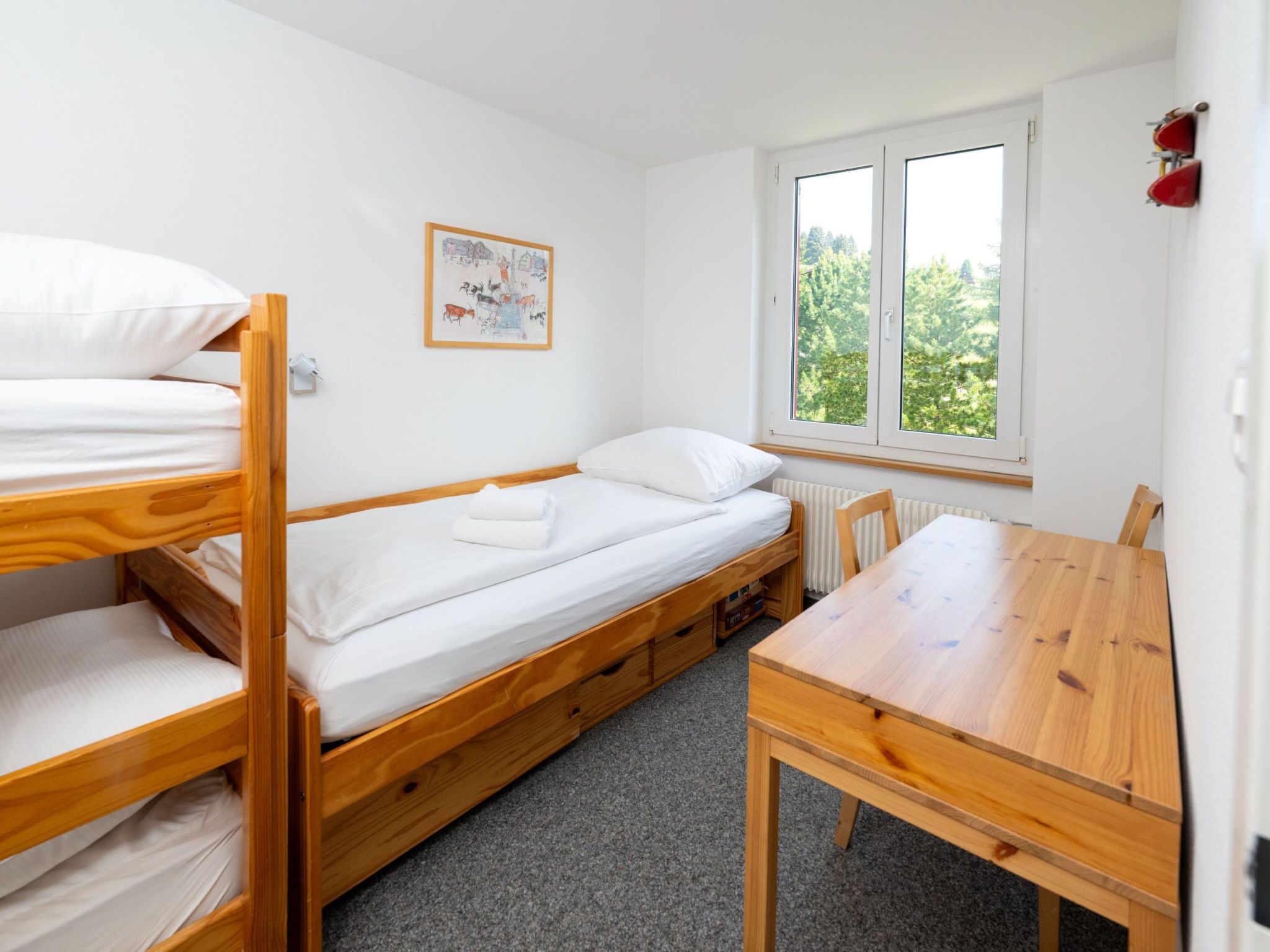 Une chambre de dortoir avec des lits superposés, un lit simple, une table en bois, un radiateur et une fenêtre donnant sur des arbres.