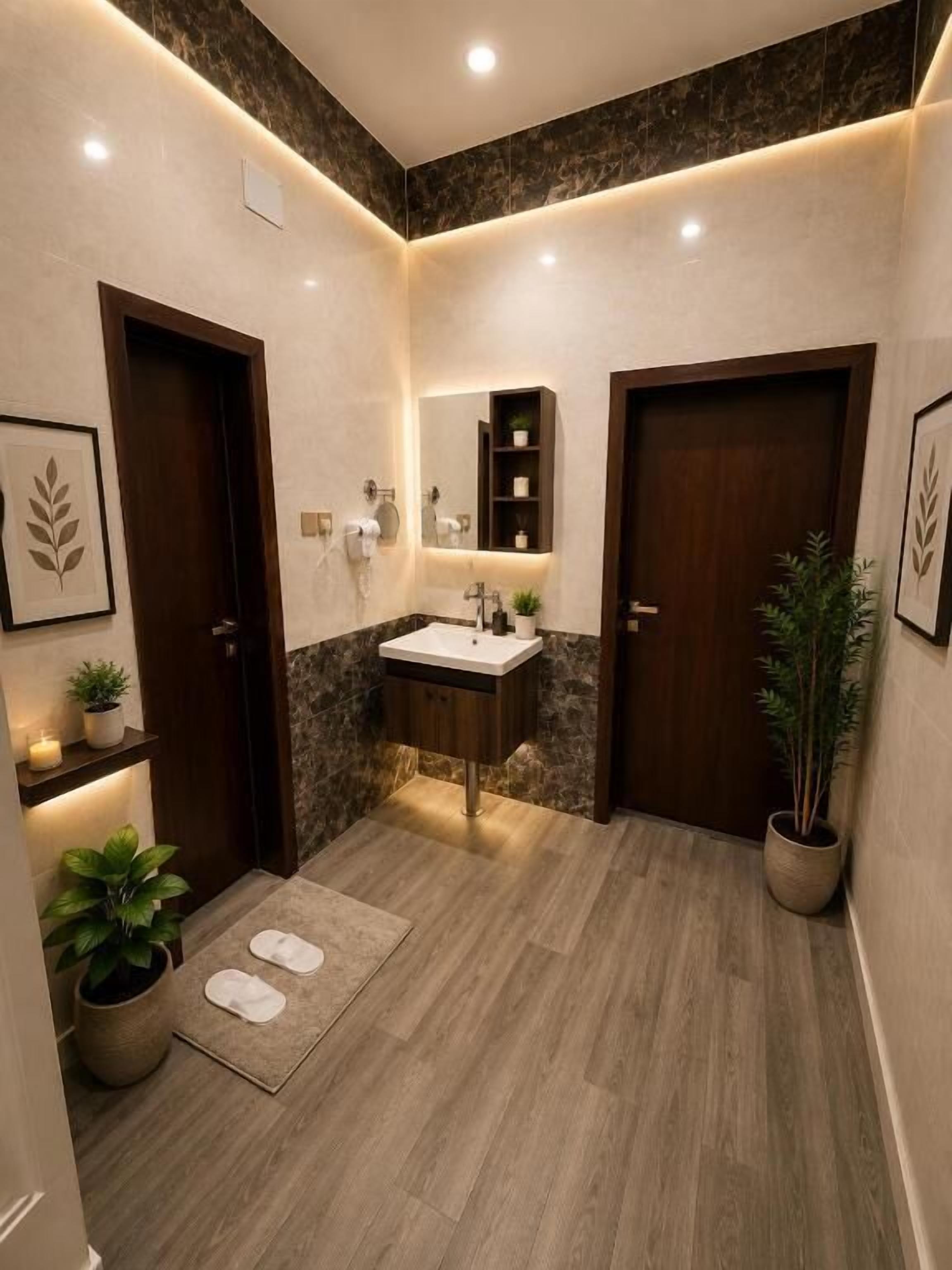 A modern bathroom with a marble sink, wooden doors, and a mirror above the sink. There are plants and a towel mat on the floor.