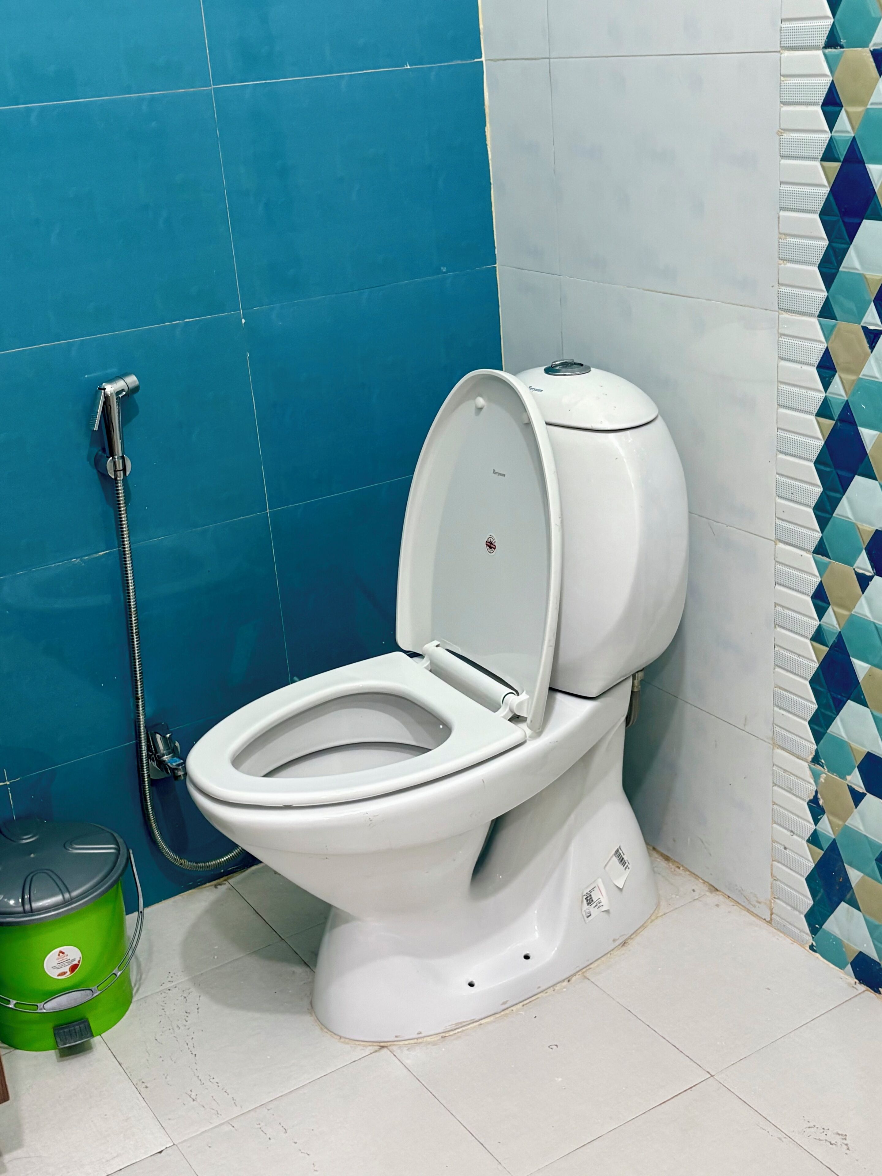 Inodoro blanco con tapa, cabezal de ducha y un cubo de basura verde en un baño con paredes de azulejos azules y blancos.