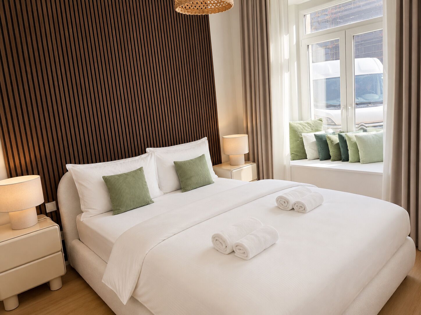 Quarto de hotel com uma cama grande, duas mesas de cabeceira com luminárias, uma janela com cortinas e vista para o exterior.
