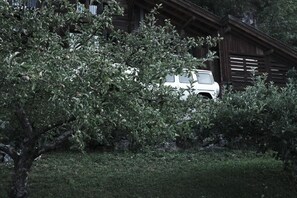 A white vehicle parked in front of a rustic wooden building with a tree in the foreground. - Haus Mannenberg (Zweisimmen)