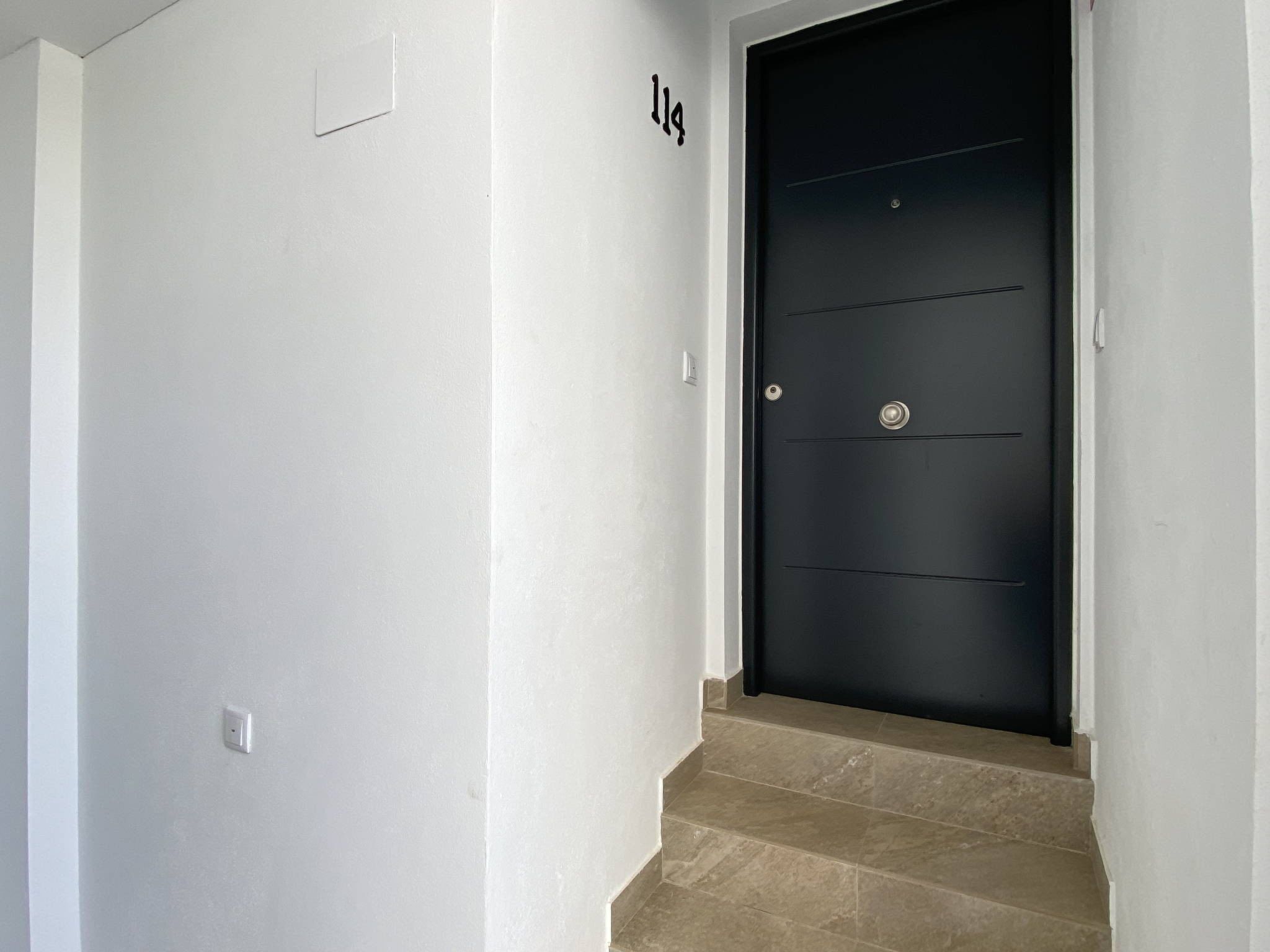 A hallway with a black door, a white wall, and a small set of beige stairs leading to the door.