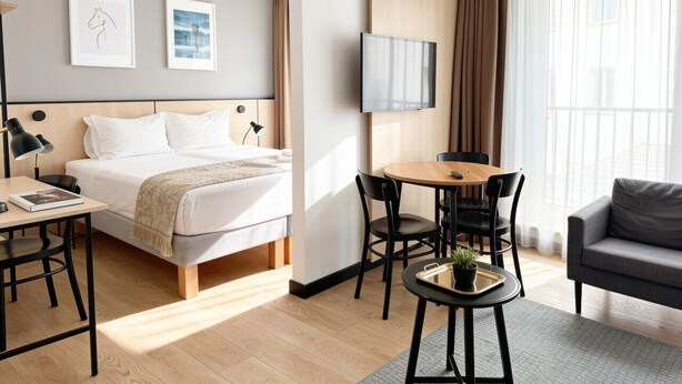 Ein Hotelzimmer mit Bett, Schreibtisch, Tisch, Sofa und Fernseher.